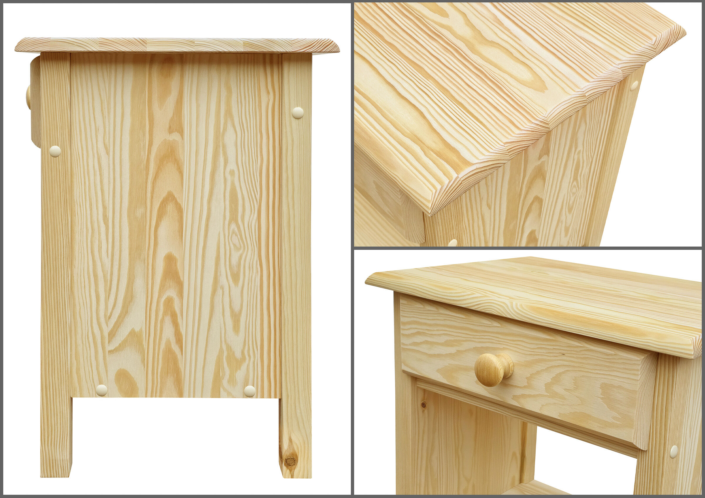Holzstuhl, Kleine Kommode, Massivholz, Naturholzoberfläche, Holzstrukturen, Nachtkästchen Details