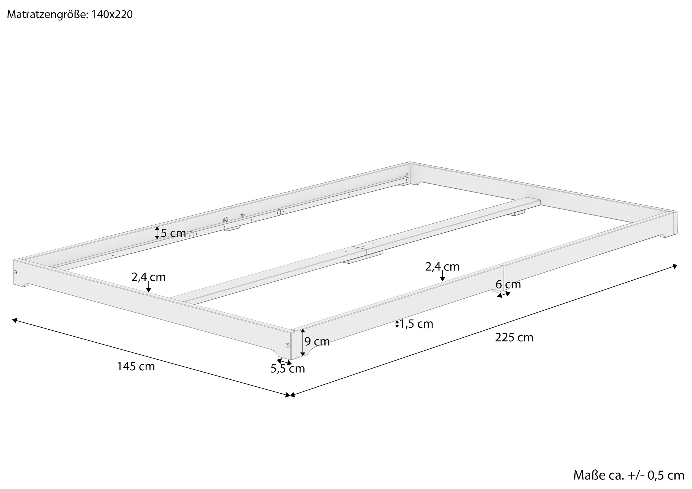 Bettrahmen, Bettkonstruktion, Metallrahmen, Lattenrost, Liegefläche, Maßskizze des Massivholzbettes 140x220