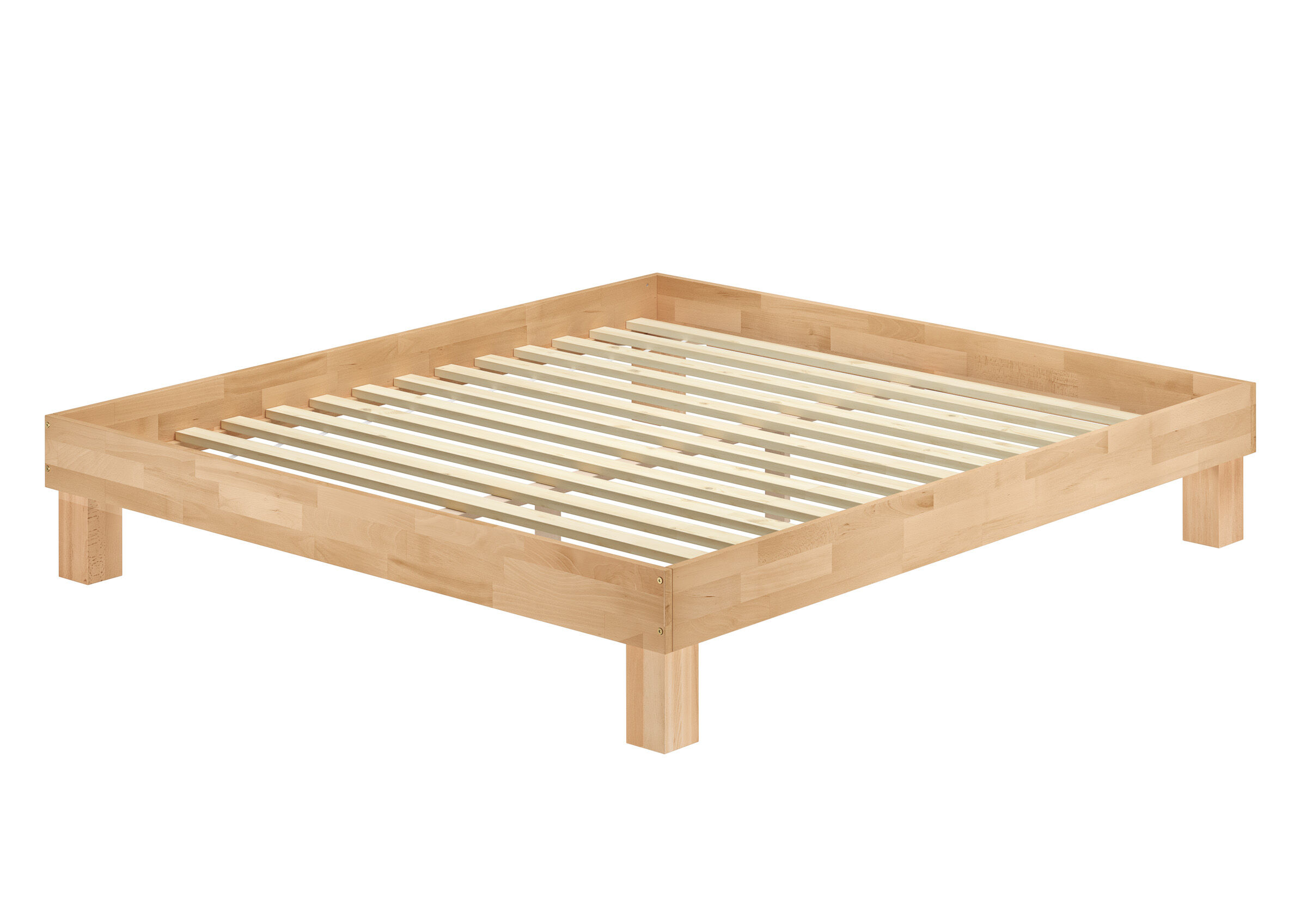 Holzbettrahmen, Bettgestell, Massivholz, Lattenrost, Naturholz, Kingsize-Buchebett mit Rollrostset