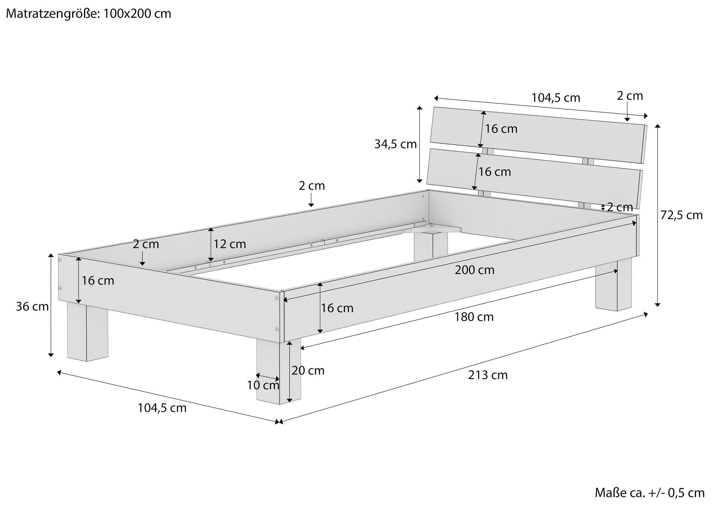 bettgestell, holzbett, bettrahmen, holzbettgestell, massivholz, Massskitze des Echtholzbettes 100x200