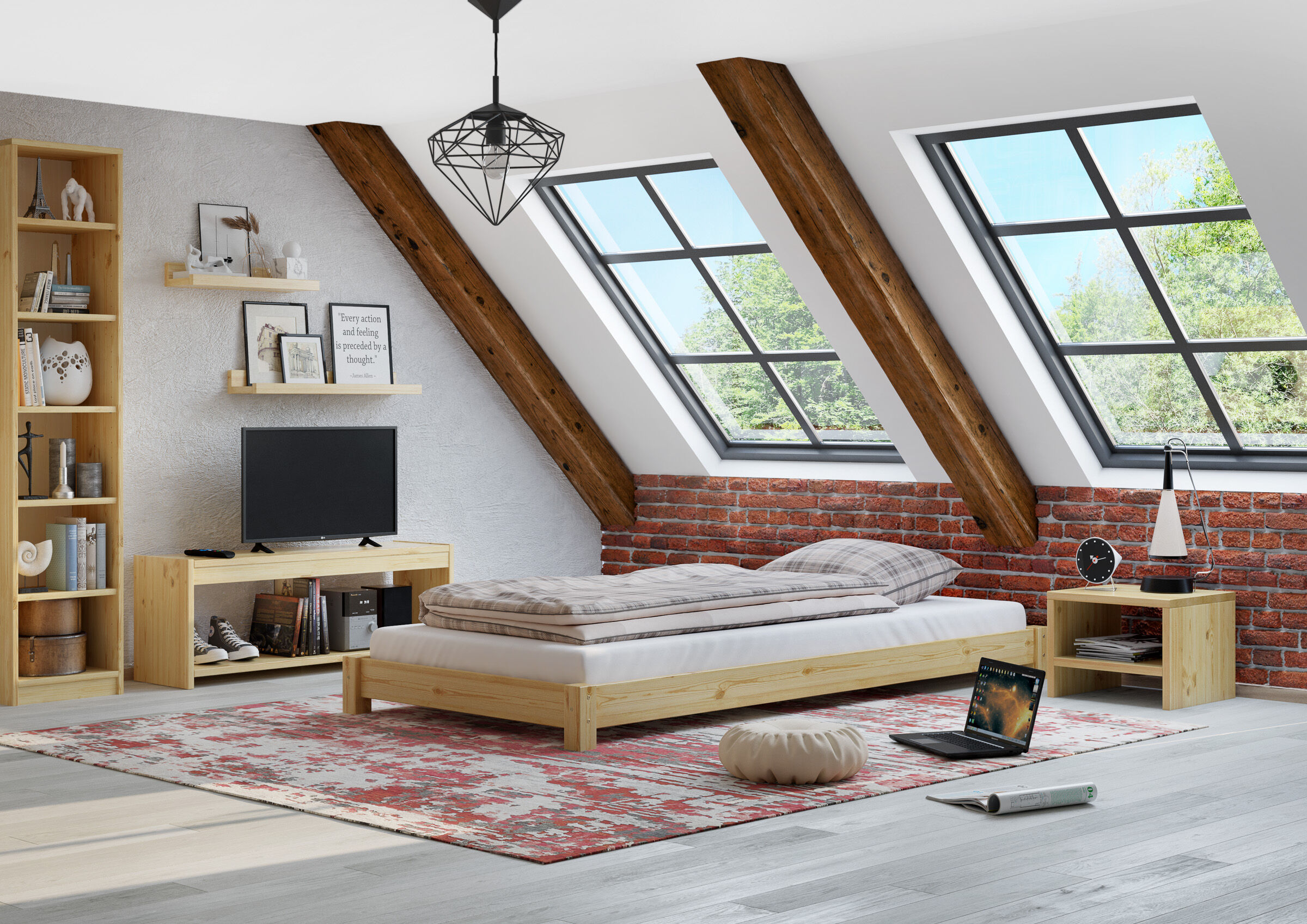 Bett, Loft, Holz, globierte Balken, Teppich, Niederflurbett 90x200 im Schlafzimmer