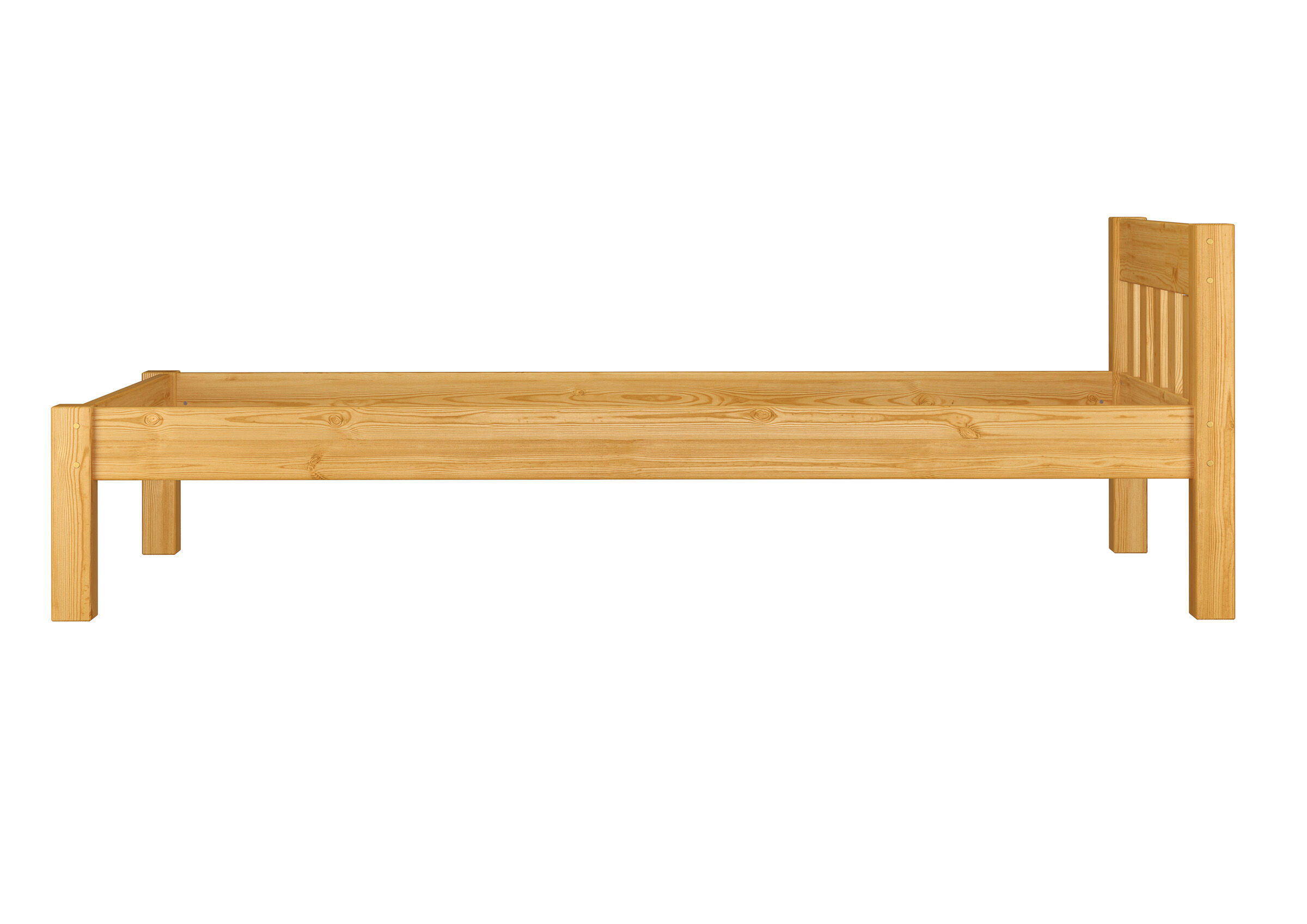 Holzbett, Einzelbett, Kiefer, Holzstoff, Lattenrost-frei, Detabild des Bettes 100x200 von der Seite