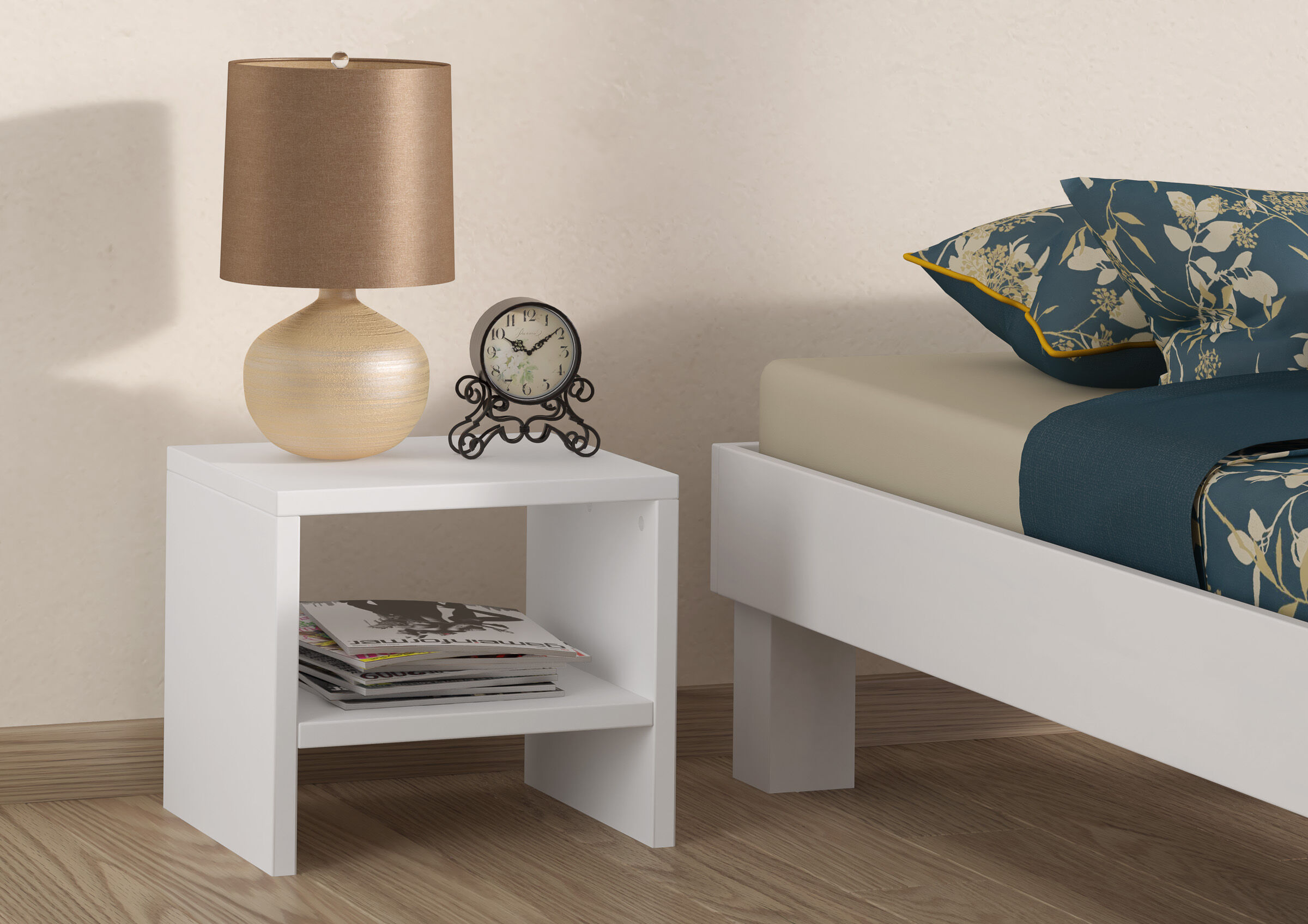 nachtkommode, nachtkonsole, tisch, lampe, uhr, Bettablage-Buche-weiß-Kubus