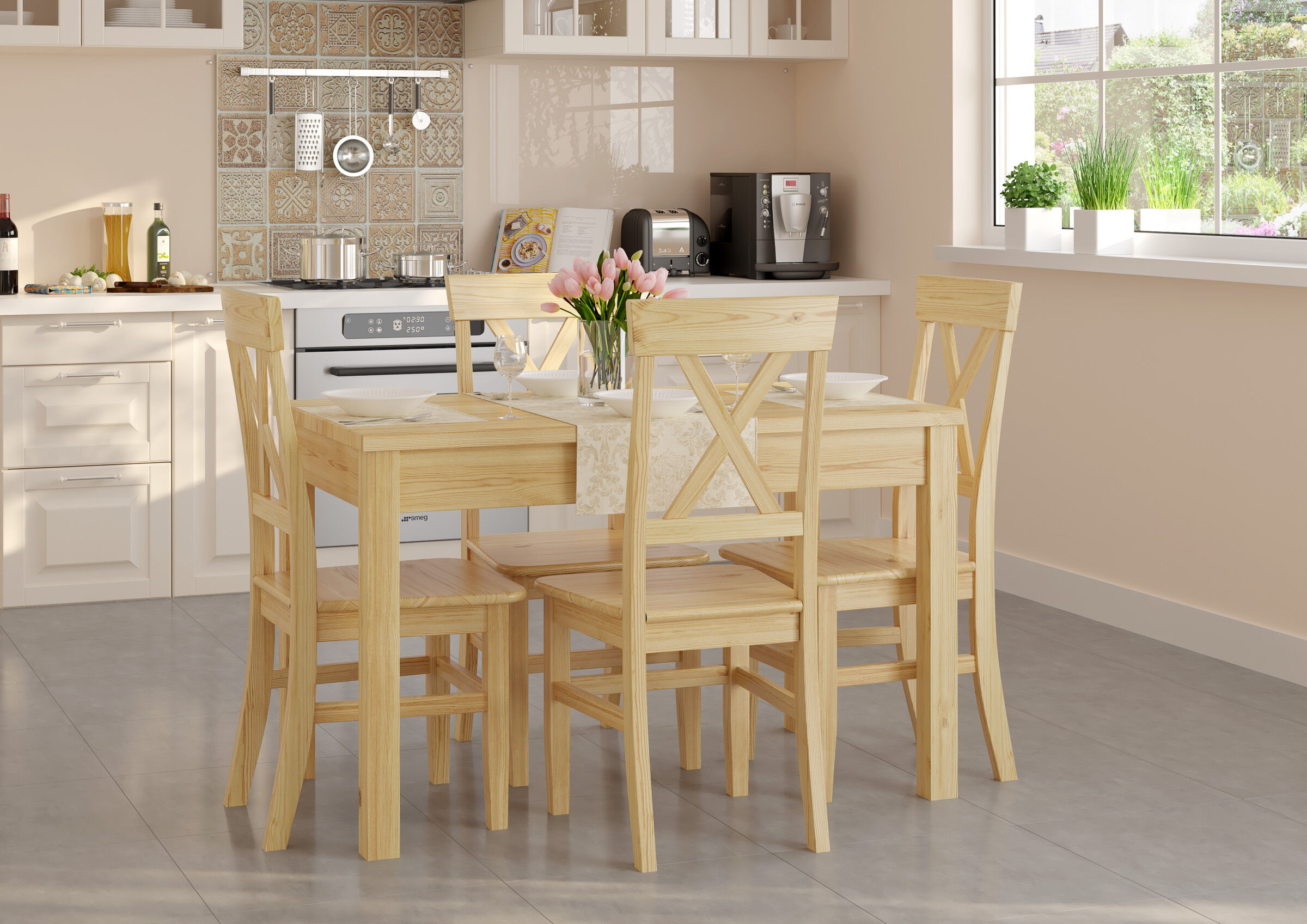 Esszimmer, Esstisch, Tisch, Küche, Innenarchitektur, 4 Stühle mit Tisch aus Kiefer