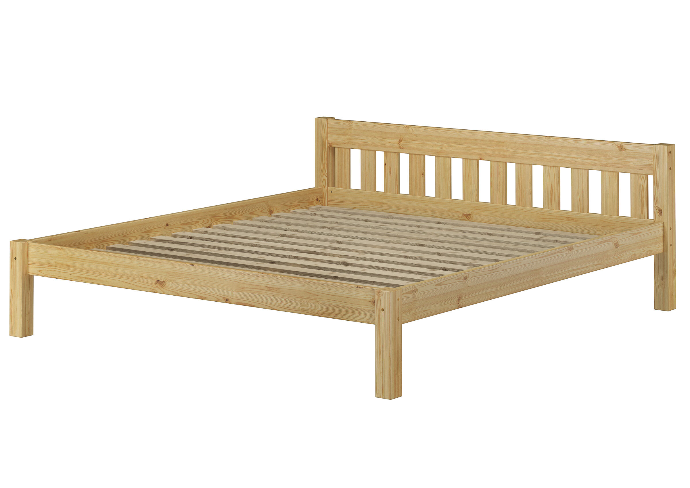 Holzbett, Doppelbett, Kopfteil mit Latten, Naturholz, Bettgestell, Doppelbett Kiefer natur mit Rollrost