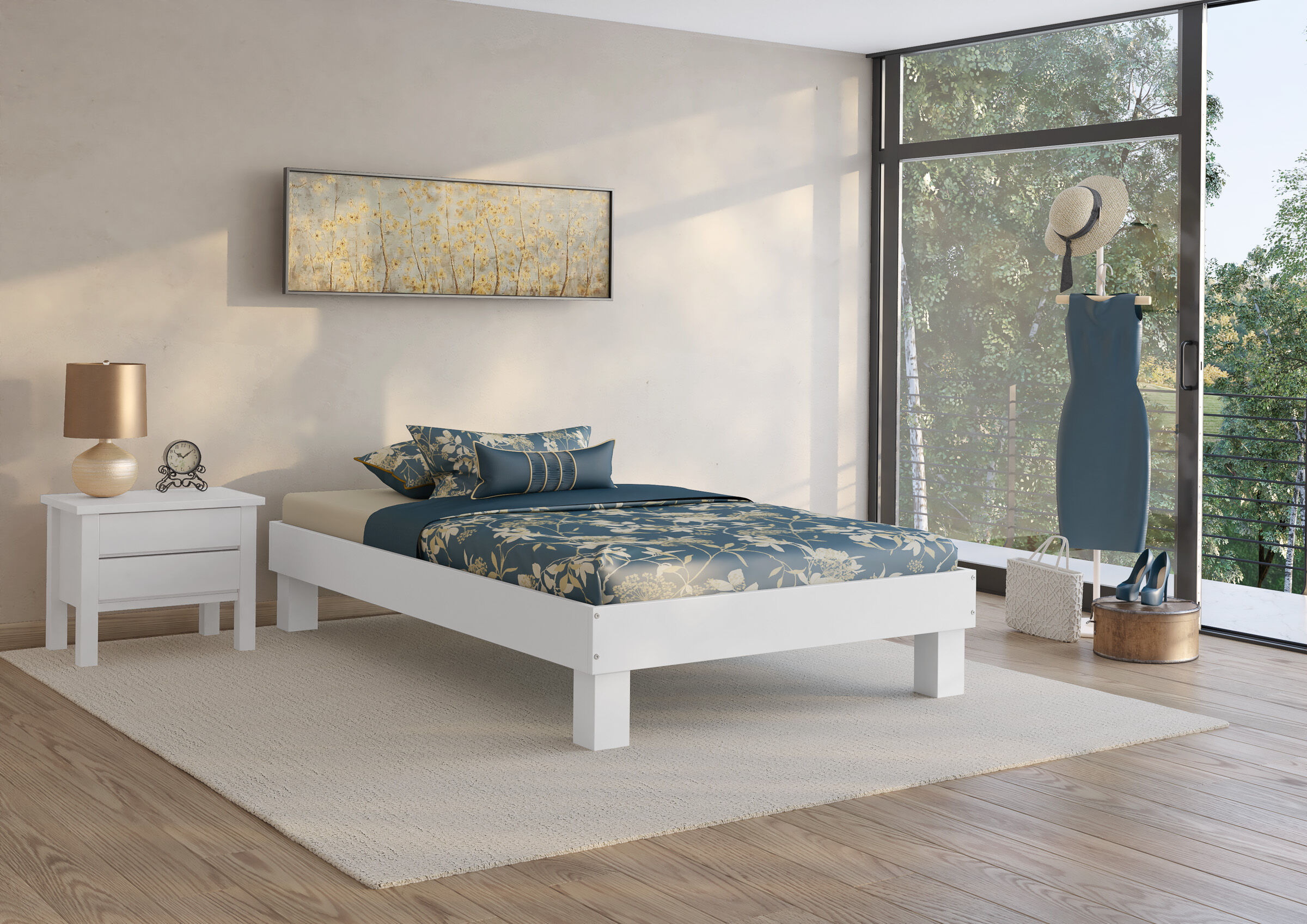 Innenarchitektur, Inneneinrichtung, Mobiliar, Bett, Teppich, Schlafzimmer mit Buche Bett waschweiß