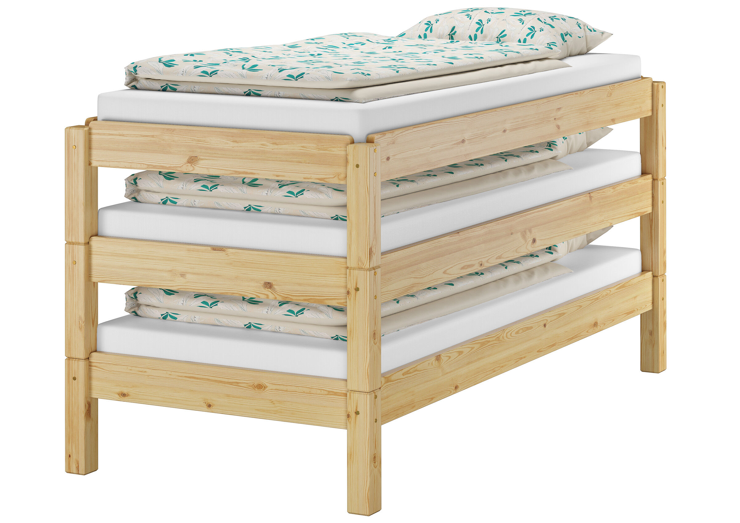 Holzbettrahmen, Stockbett, Matratze, Bettwäsche, Bettgestell, 3 Stapelliegen