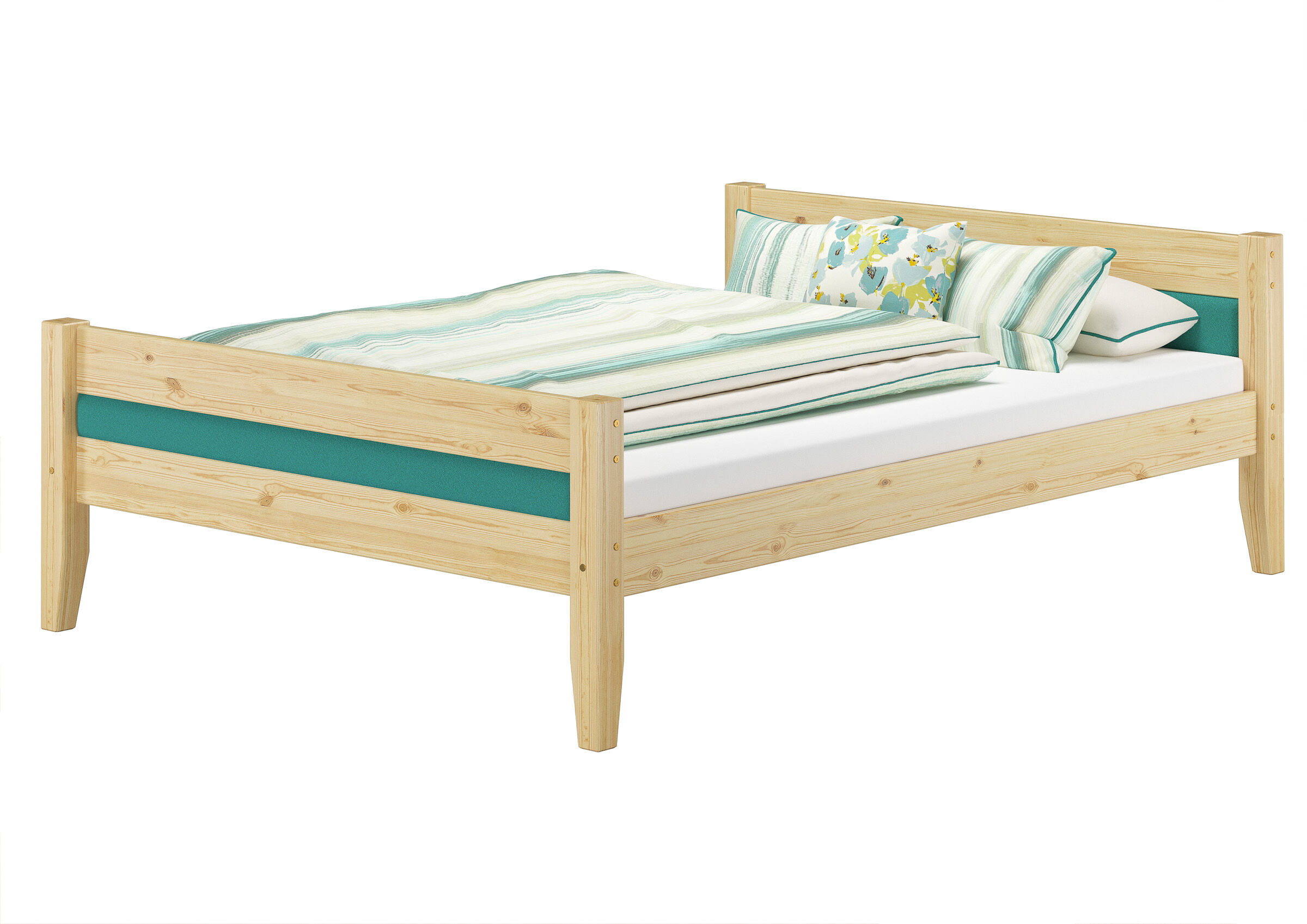 120x200-Bett-Holz-türkis Breites Bett Massivholz Kiefer 120x200 Kopfteilpolster wählbare Farbe V-60.52-12oR