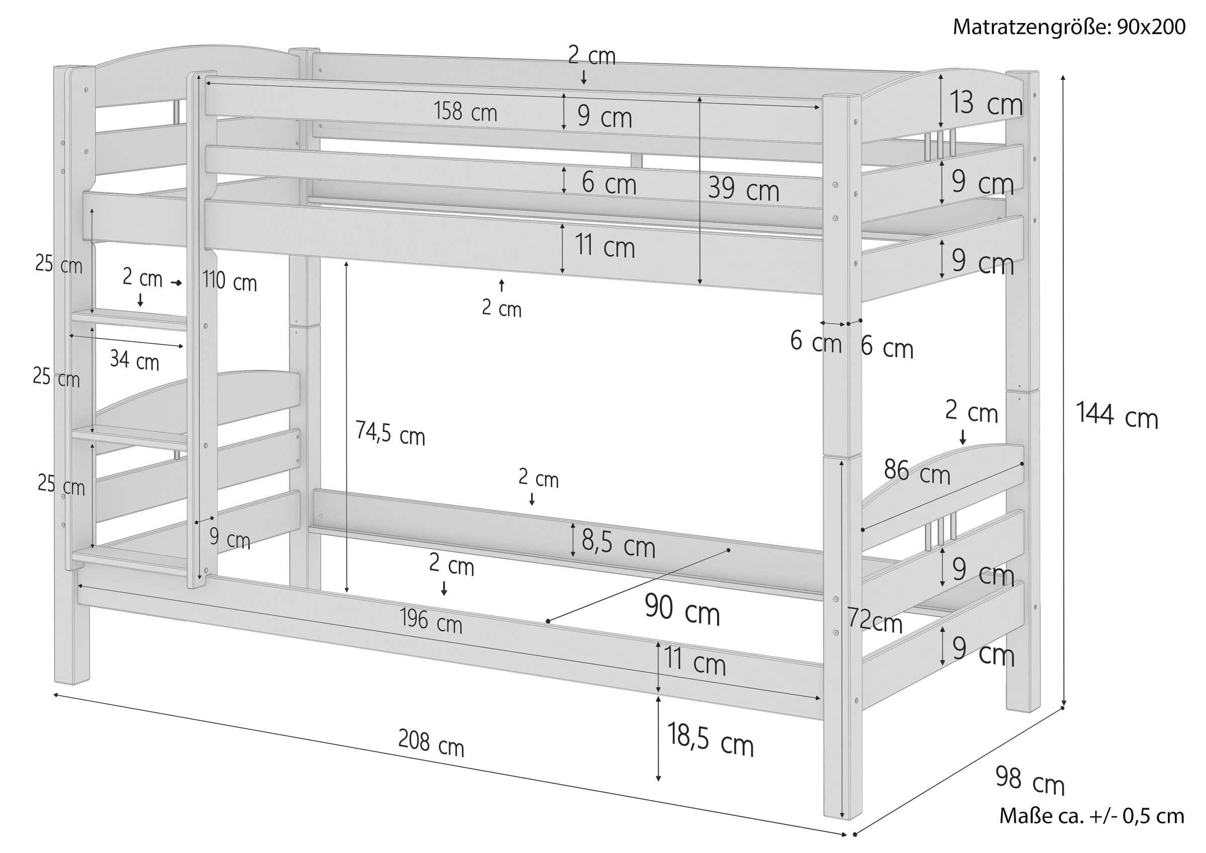 Etagenbett, Holzbett, Stockbett, Mehrzweckbett, Kieferholz?, Maßskizze neu