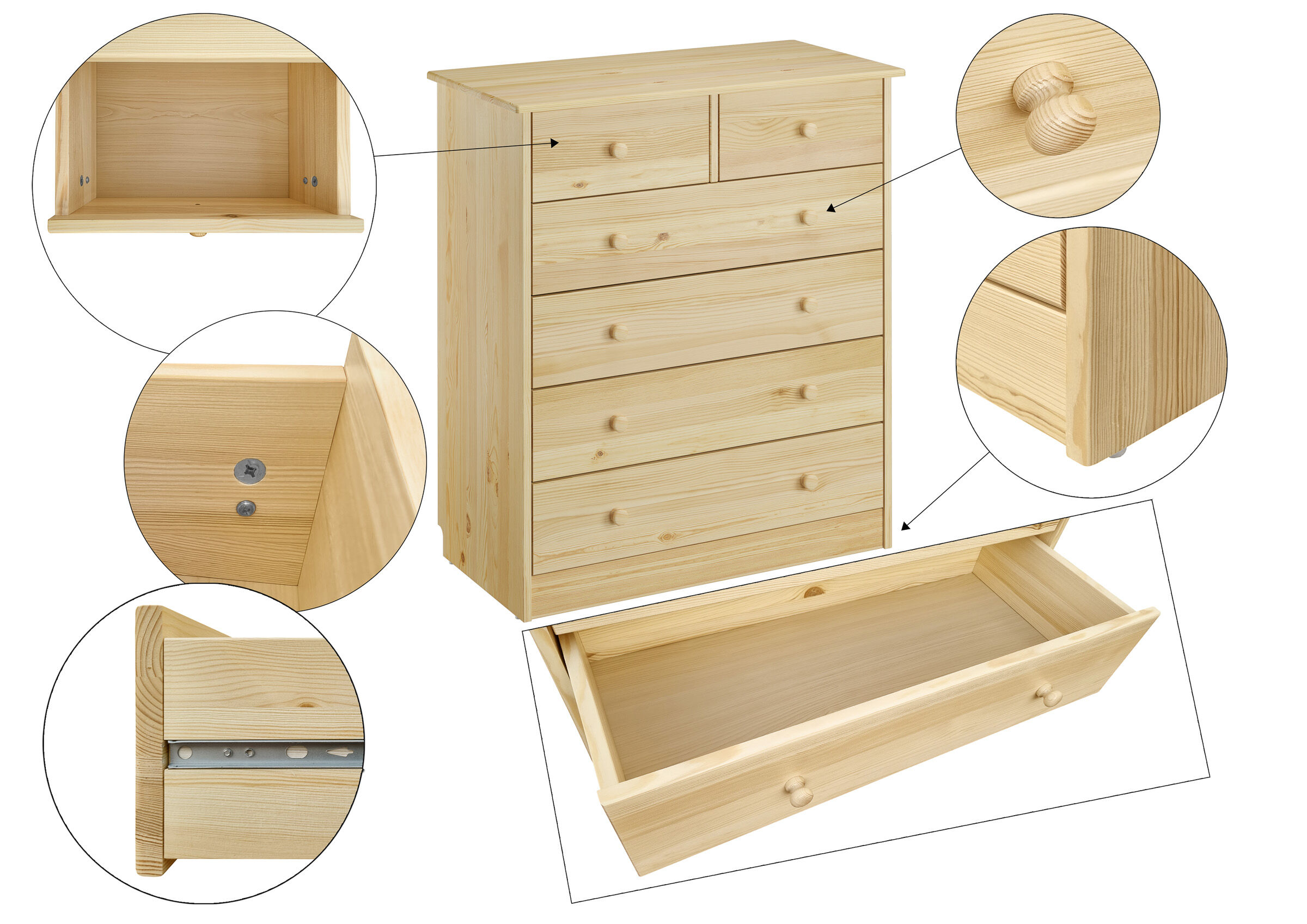 Kleiderschrank, Schubladenkommode, Naturholz, Kiefernholz, Holzoberfläche, Details Schubladenkommode