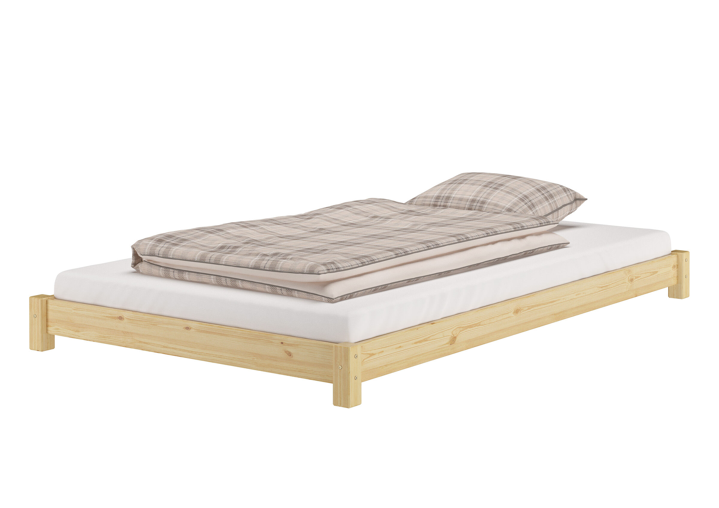 Bettgestell, Holzrahmen, Lattenrost, Matratze, Bettwäsche-Set, niedriges Bett aus Kiefer natur mit Matratze