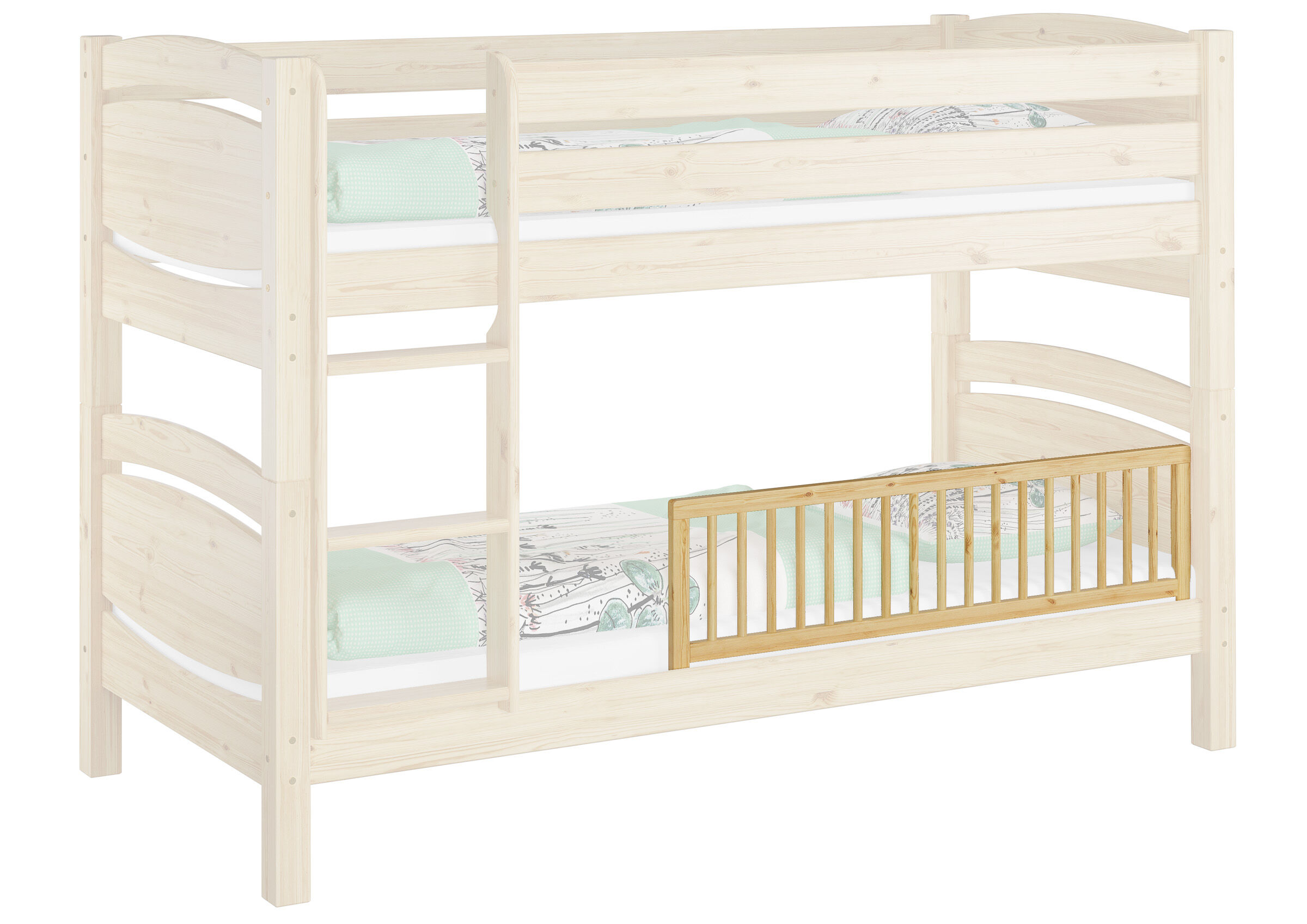 Etagenbett, Holzbett, Bettgestell, Kinderbett, Holz natur, Kindersicherung aufgesteckt auf Etagenbett