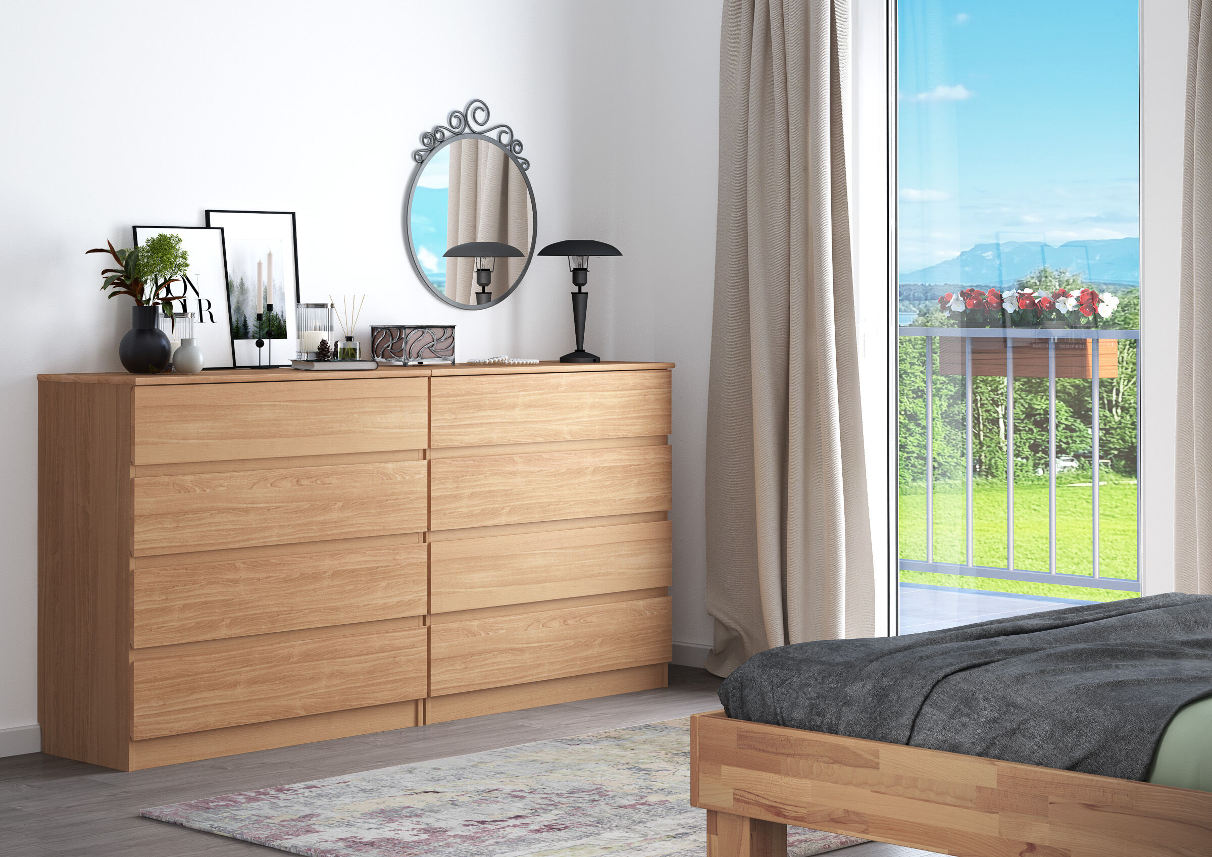 Holzkommode, Dielenzimmer, Holzfach, Holzfurnier, Schlafzimmerdekor, zwei Kommoden nebeneinander