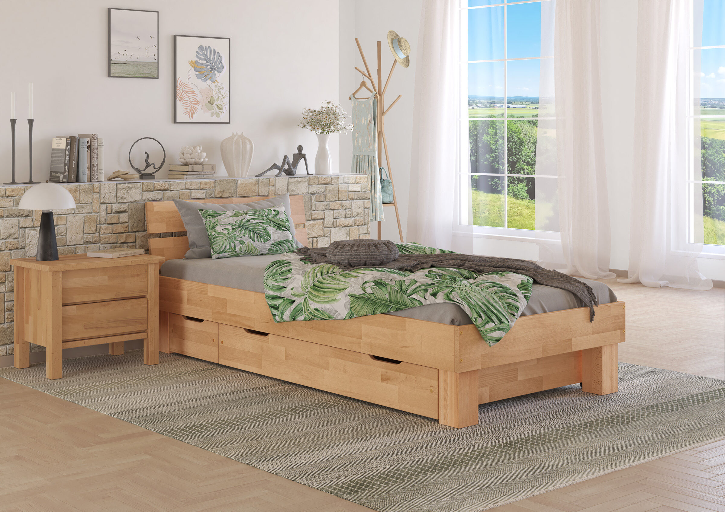 bett, holzbetten, tagesdeko, bettgestell, pflanzenmuster, Robustes Echtholzbett mit Schubladen