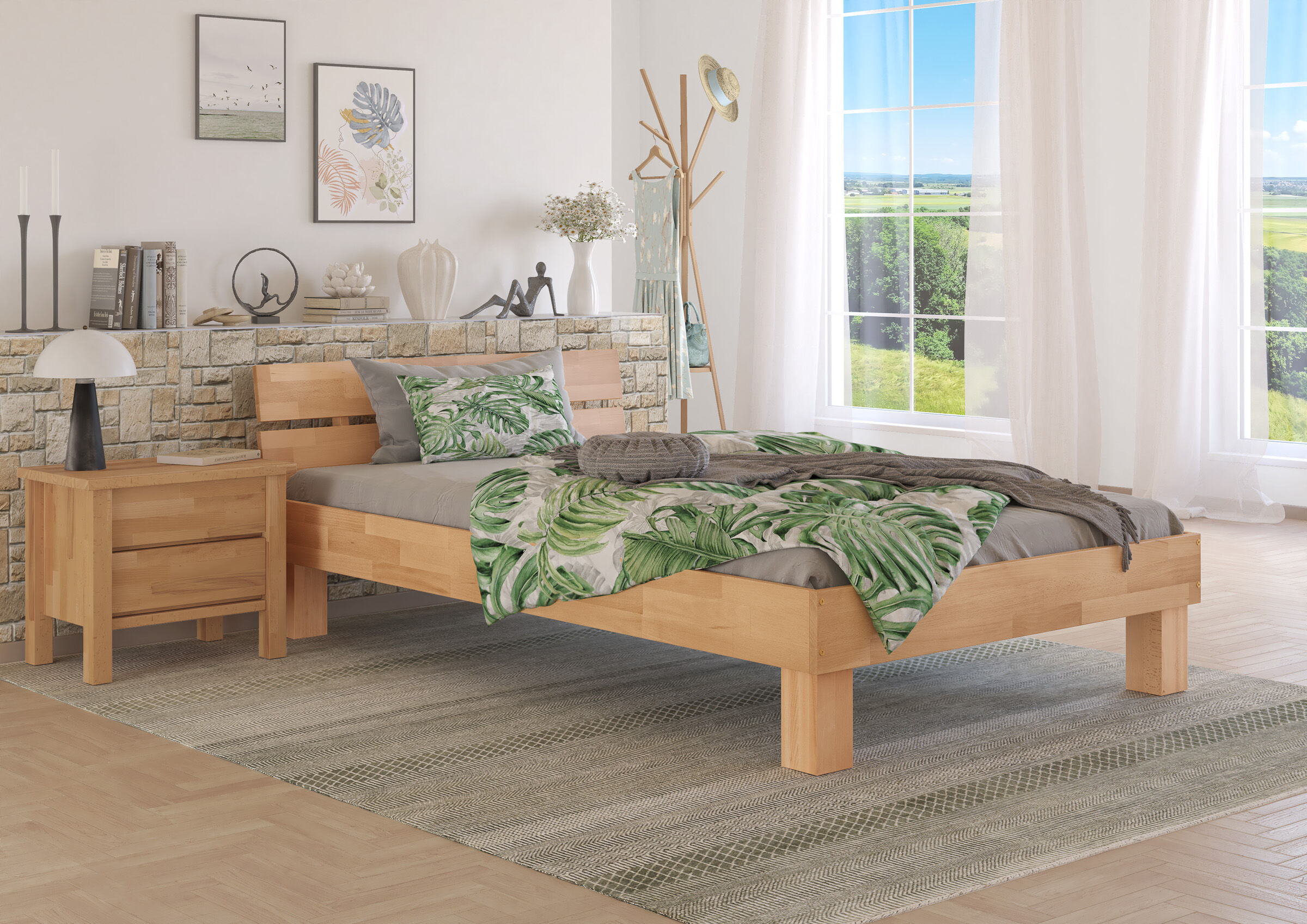 Holzbettrahmen, Bett, Tagesdecke, Pflanzenmuster, Grün, Zeitloses Vollholzbett 120x200 mit Kopflehne