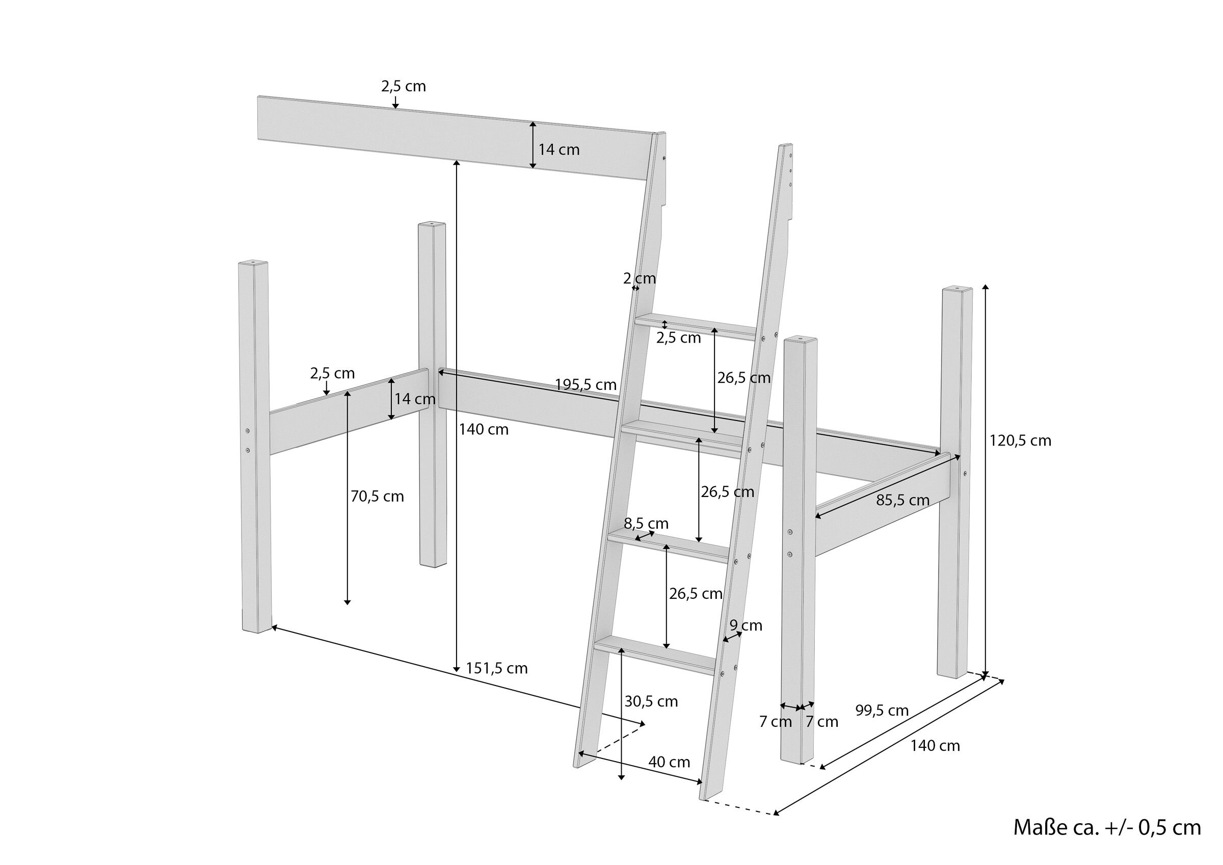 Hochbett, Holz, Holzbettrahmen, Leiter, Maße, Skizze mit Maße