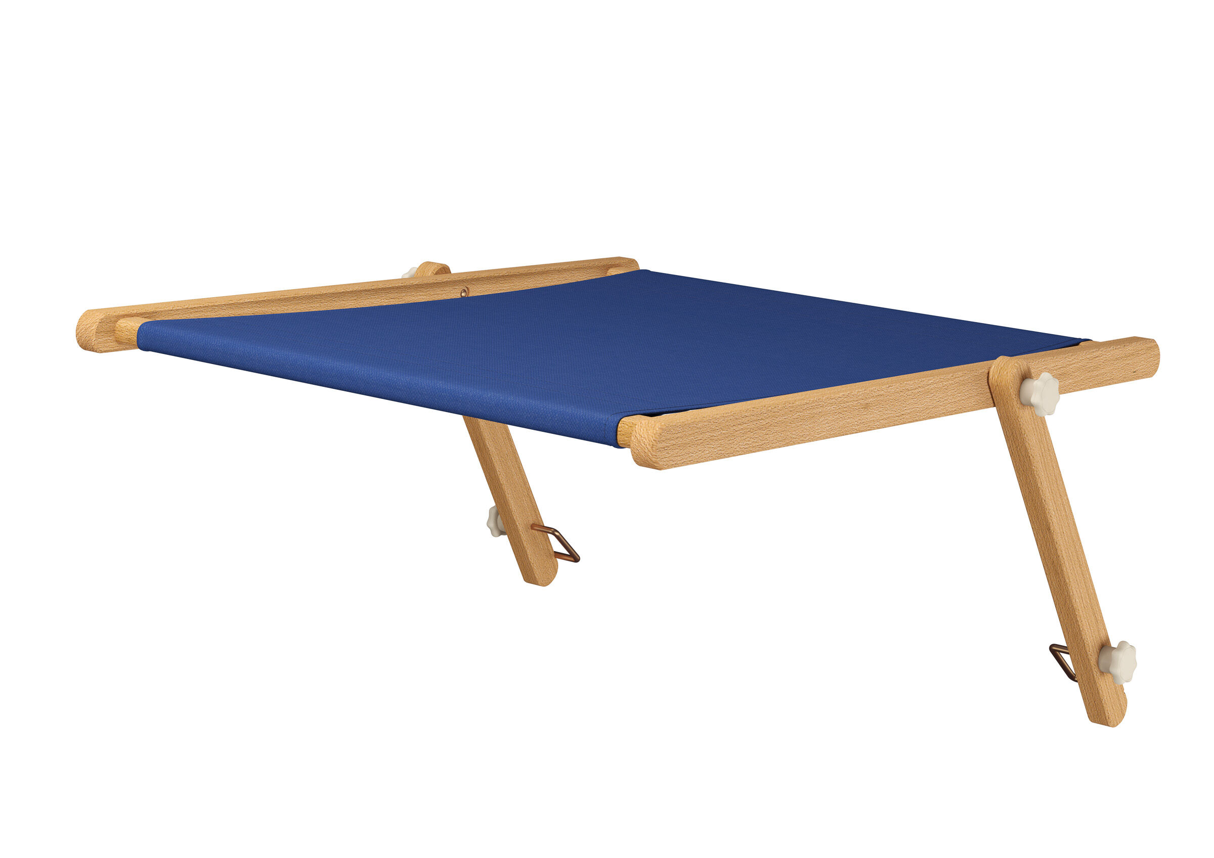 Sonnenliege, Liegefläche, Holzgestell, Blaue Stoffbespannung, Klappbar, Sonnendach mit Stofffarbe blau