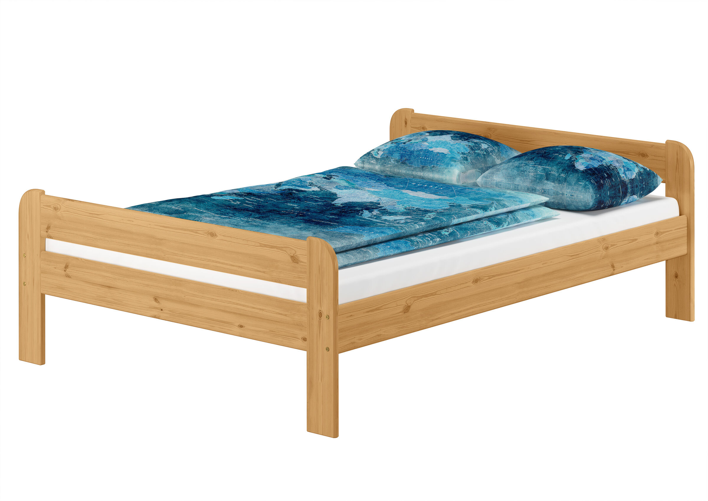 Einzelbett, Holzbett, Bettgestell, Bett mit Holzrahmen, Bettwäsche-Set blau, Stabiles Echtholzbett 140x200 aus Kiefer