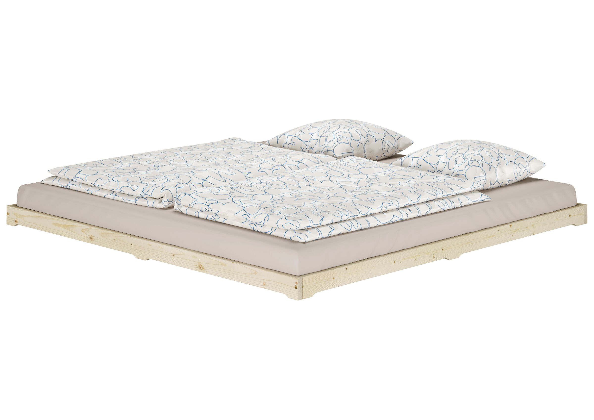 Bodenbett, Rahmen, Material, Bettwäsche, Kissen, Doppelbett 160x200 rohes Holz