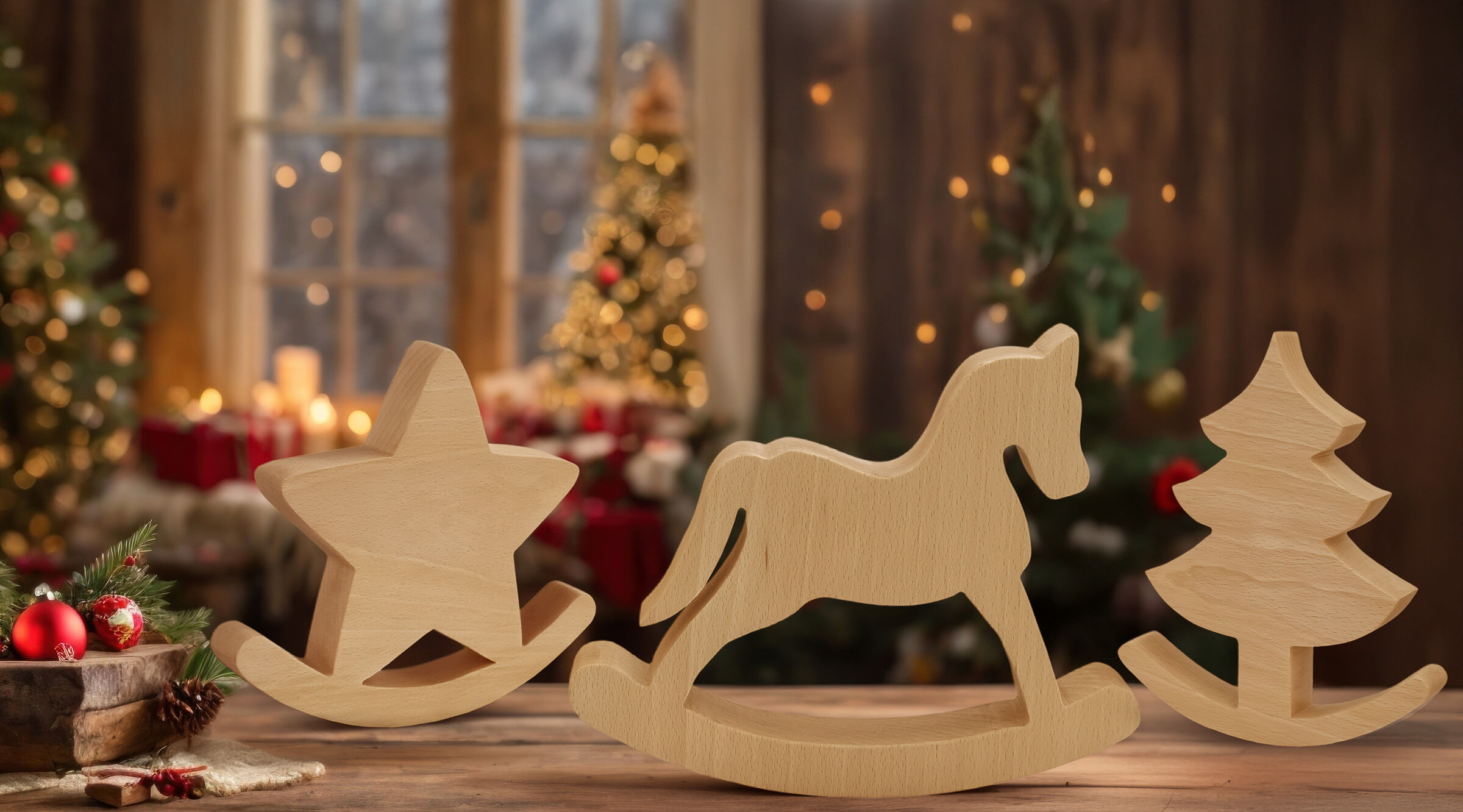 Holz-Schlitten, Holzpferd, Weihnachtsdekoration, Tannenbaum-Ornament, Weihnachtszubehör, Weihnachtsdeko aus Buche Schaukel- Stern, Pferd, Baum