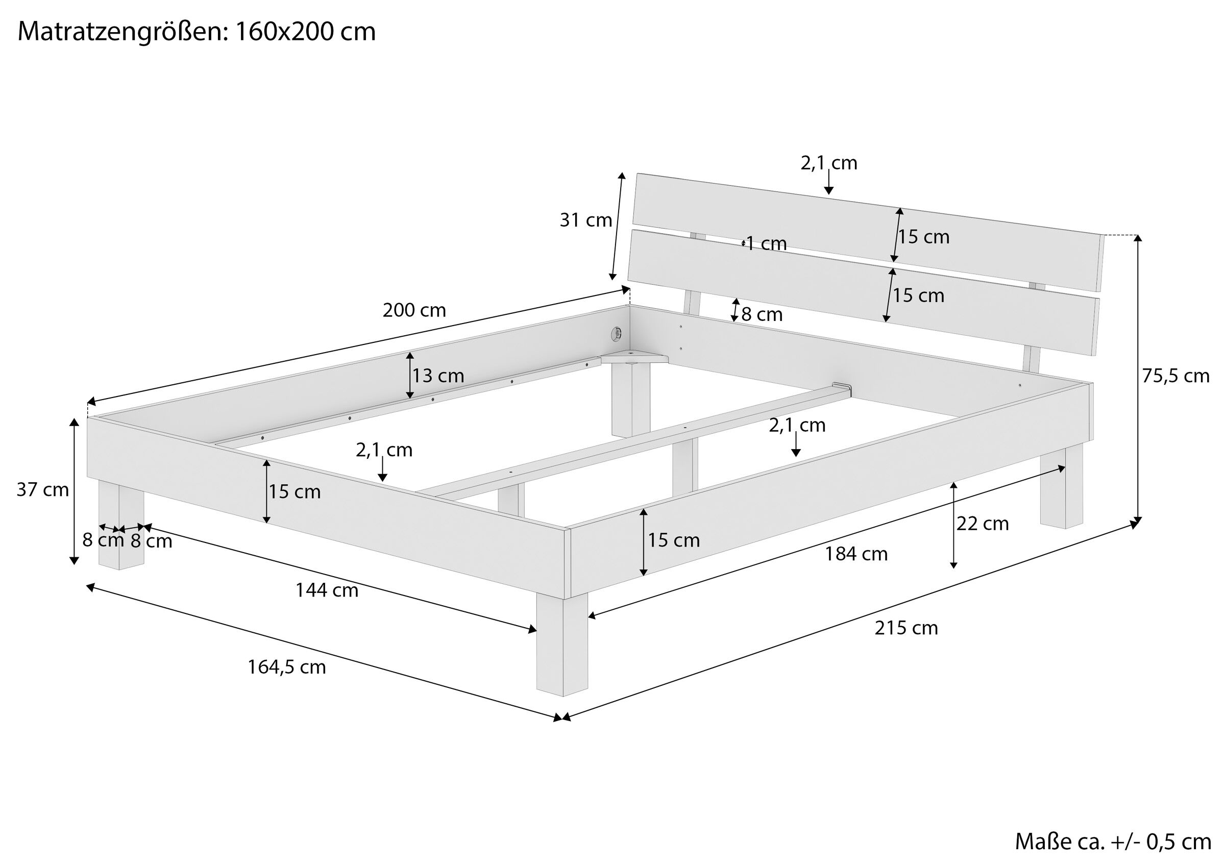 Einzelbett, Holzbett, Kopfteil, Lattenrost, Massivholz, Maßskizze des Eichendoppelbettes 160x200