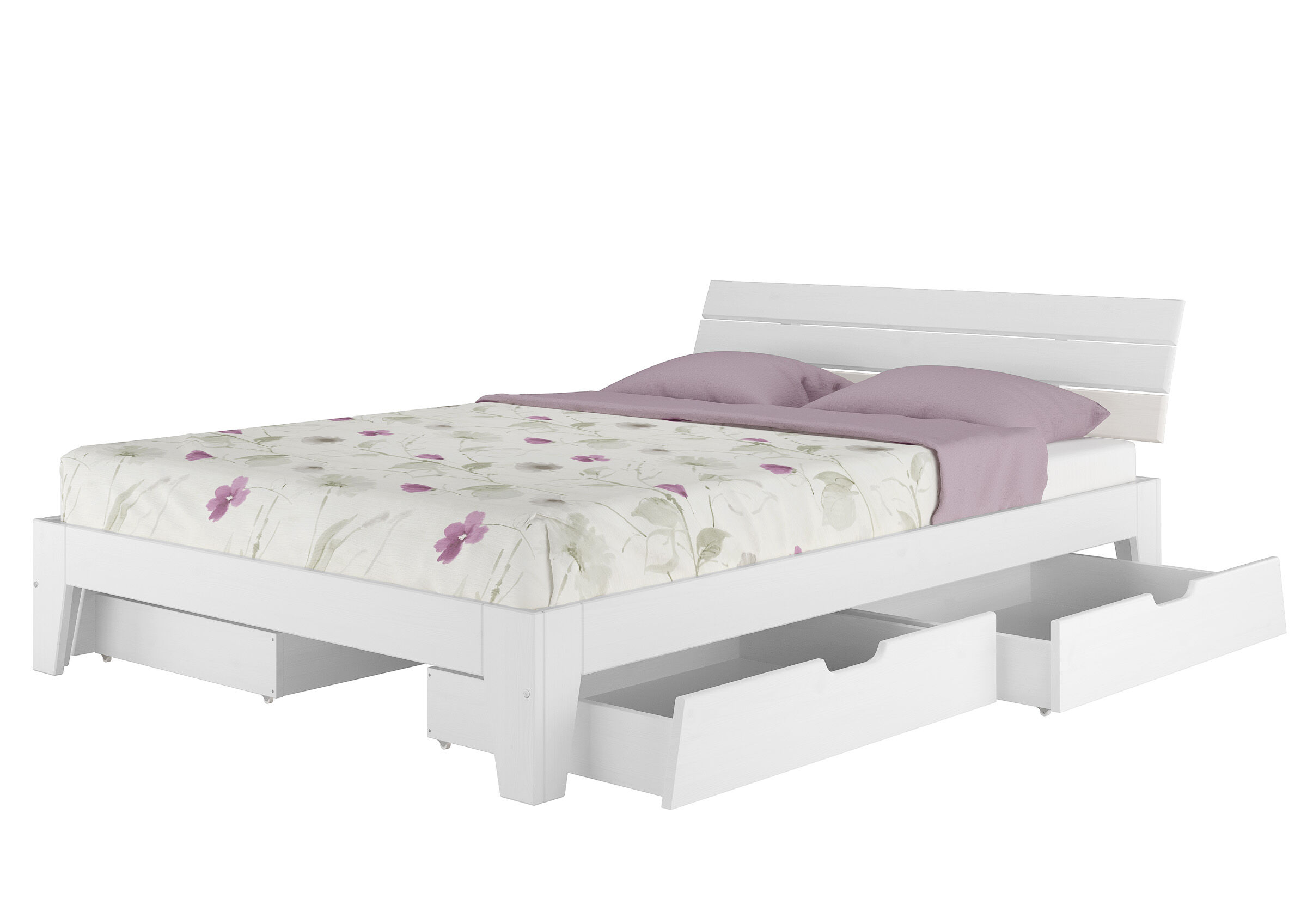 bett, bettgestell, boxspringbett, holzbetten, weiß, Jugendbett mit Bettkästen Kiefer waschweiß