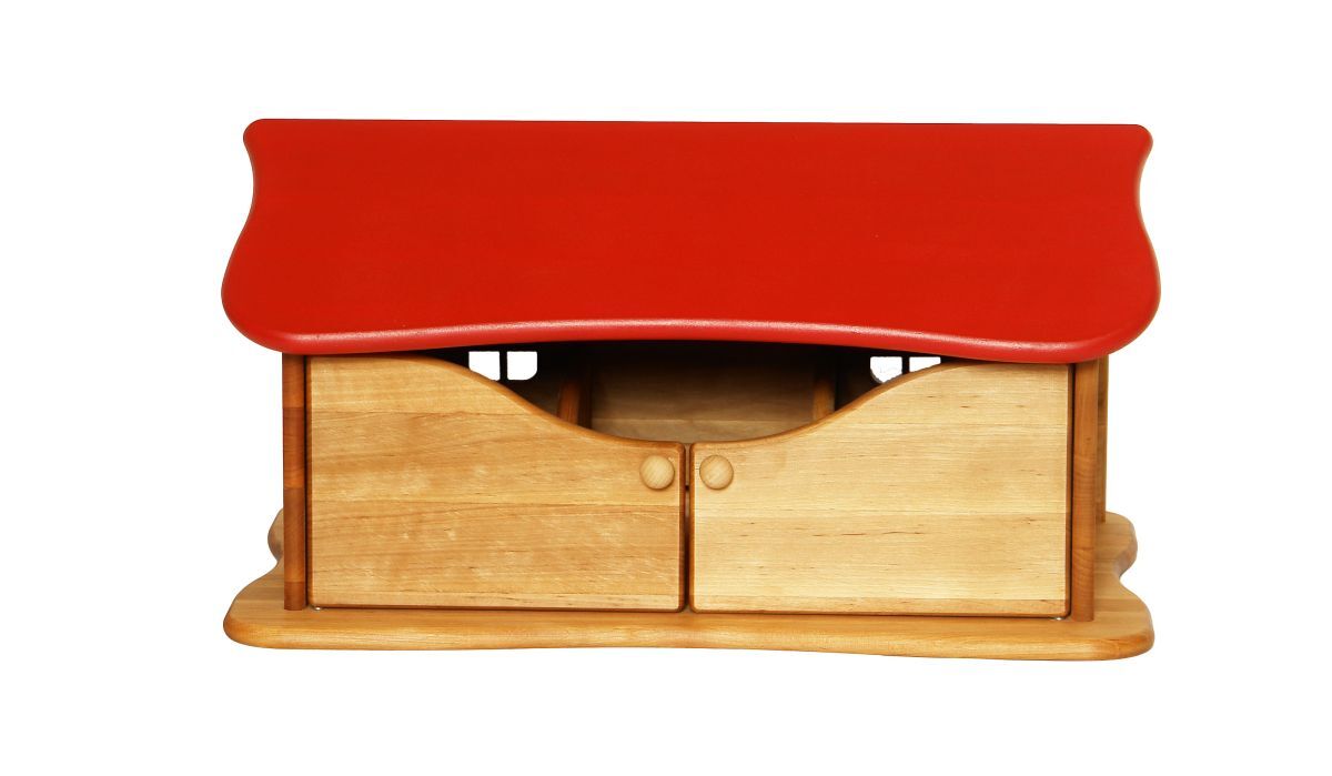 Holzschreibtisch, Kinderzimmer, Spieltisch, Kleiner Schrank?, Holz, Roter Deckel, Holzspielzeug - Bauernhof