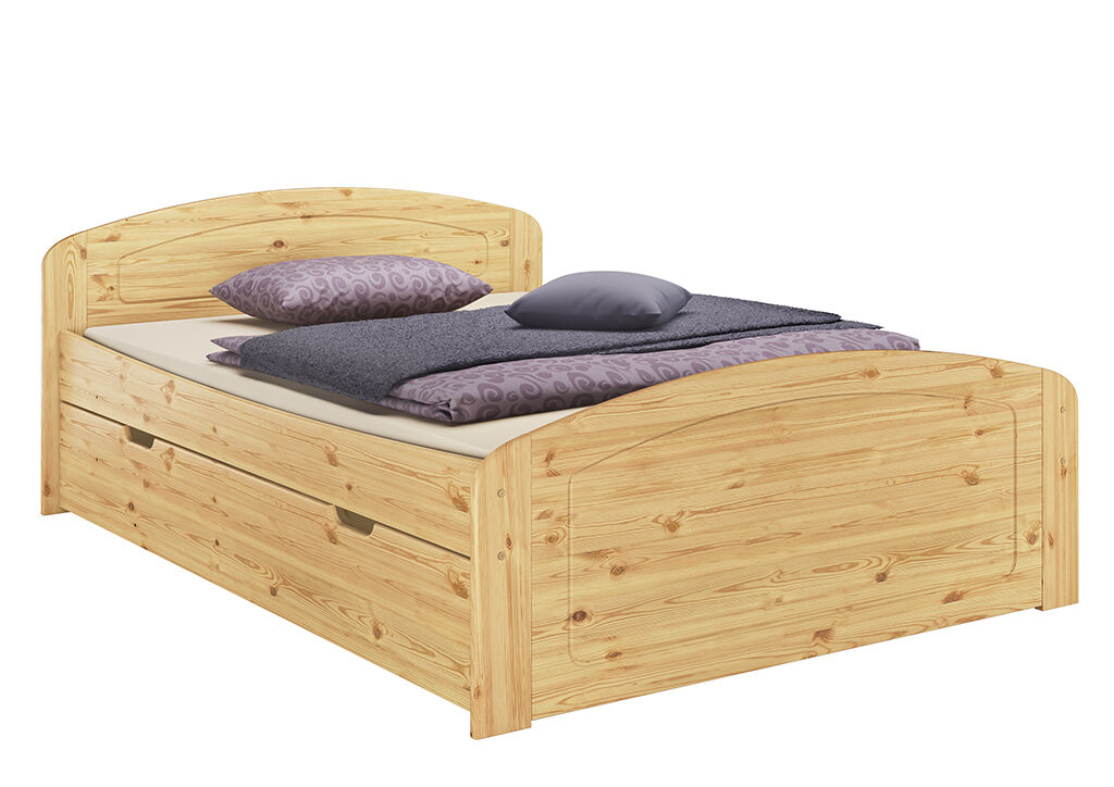 Holzbett, Bett, Kopfteil, Schubladenbett, Naturholz, Funktionsbett mit Bettkästen Kiefer natur