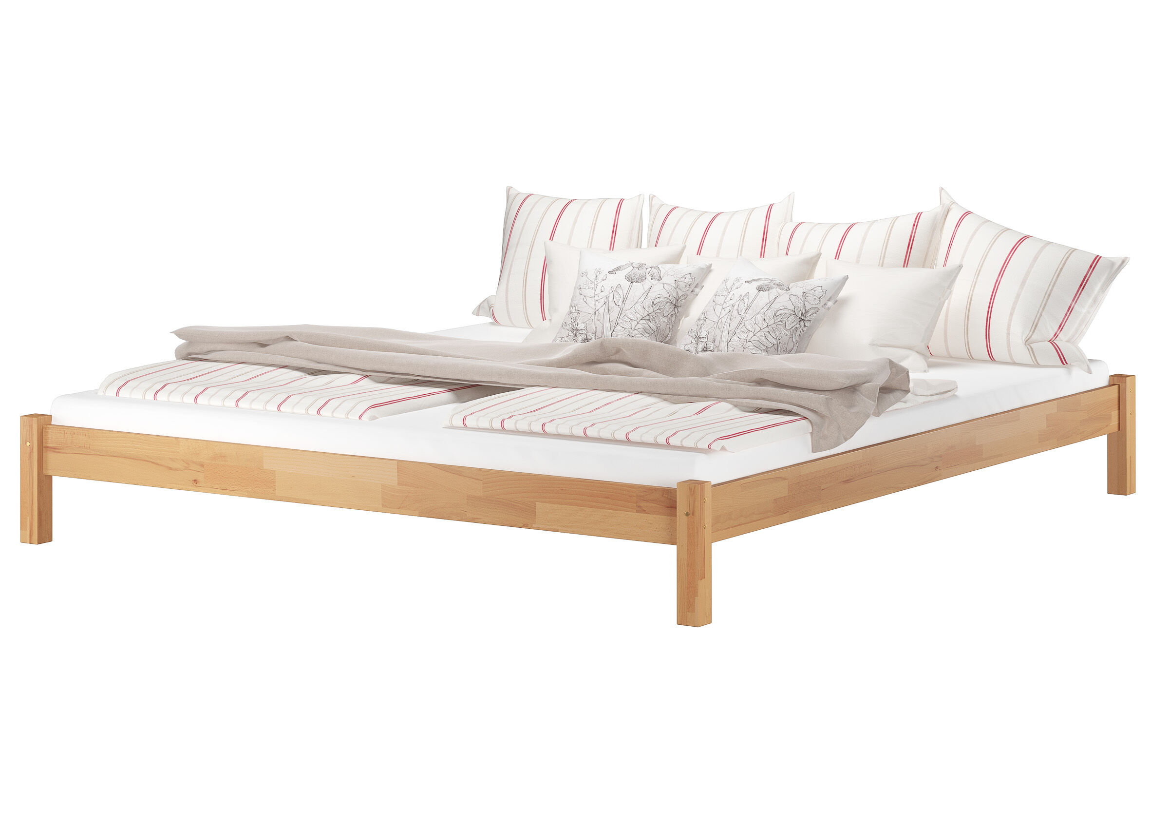 holzbett, bettgestell, streifenmuster, kissen, bettwäsche, Doppelbett Buche natur