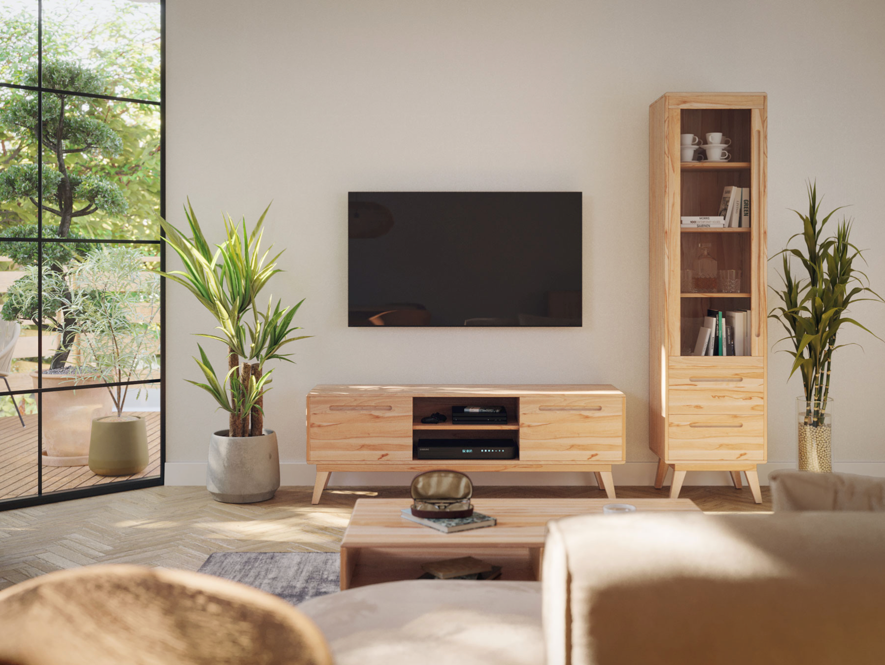 wohnzimmer, fernsehtisch, tv-board, holzmöbel, pflanzen, Rotbuche Lowboard im Wohnzimmer