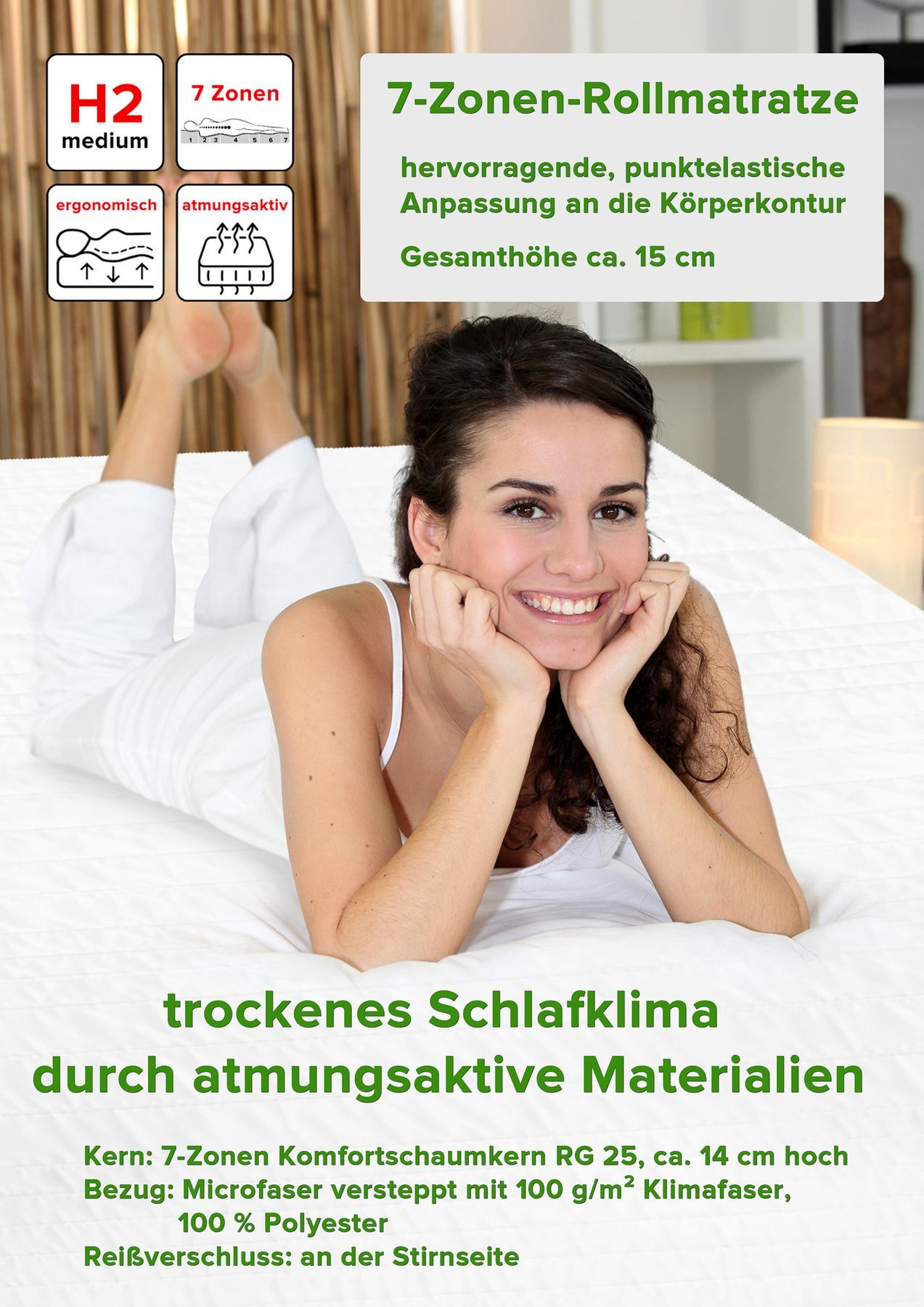 Schlafmatratze, Rollmatratze, 7-Zonen, Kern 7-Zonen, Bezug Microfaser, orthopädische Matratze