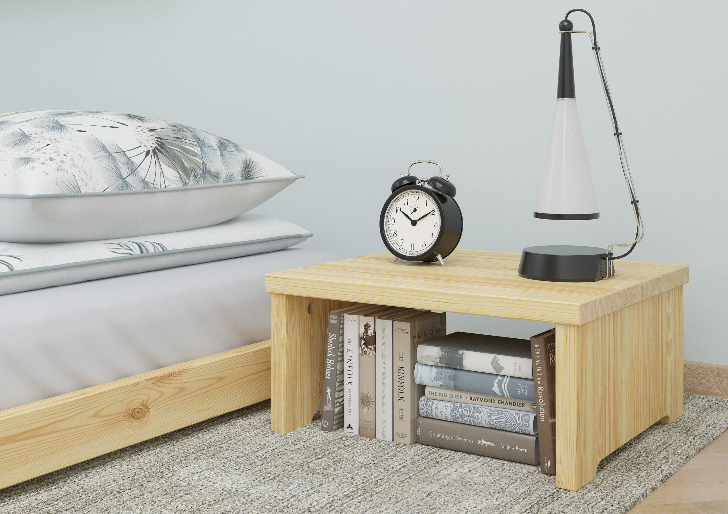 nachtisch, nachtkonsole?, bedside table, bedside, clock, lamp, bookshelf?, lamp not good, Nachttisch niedrig Kiefer natur