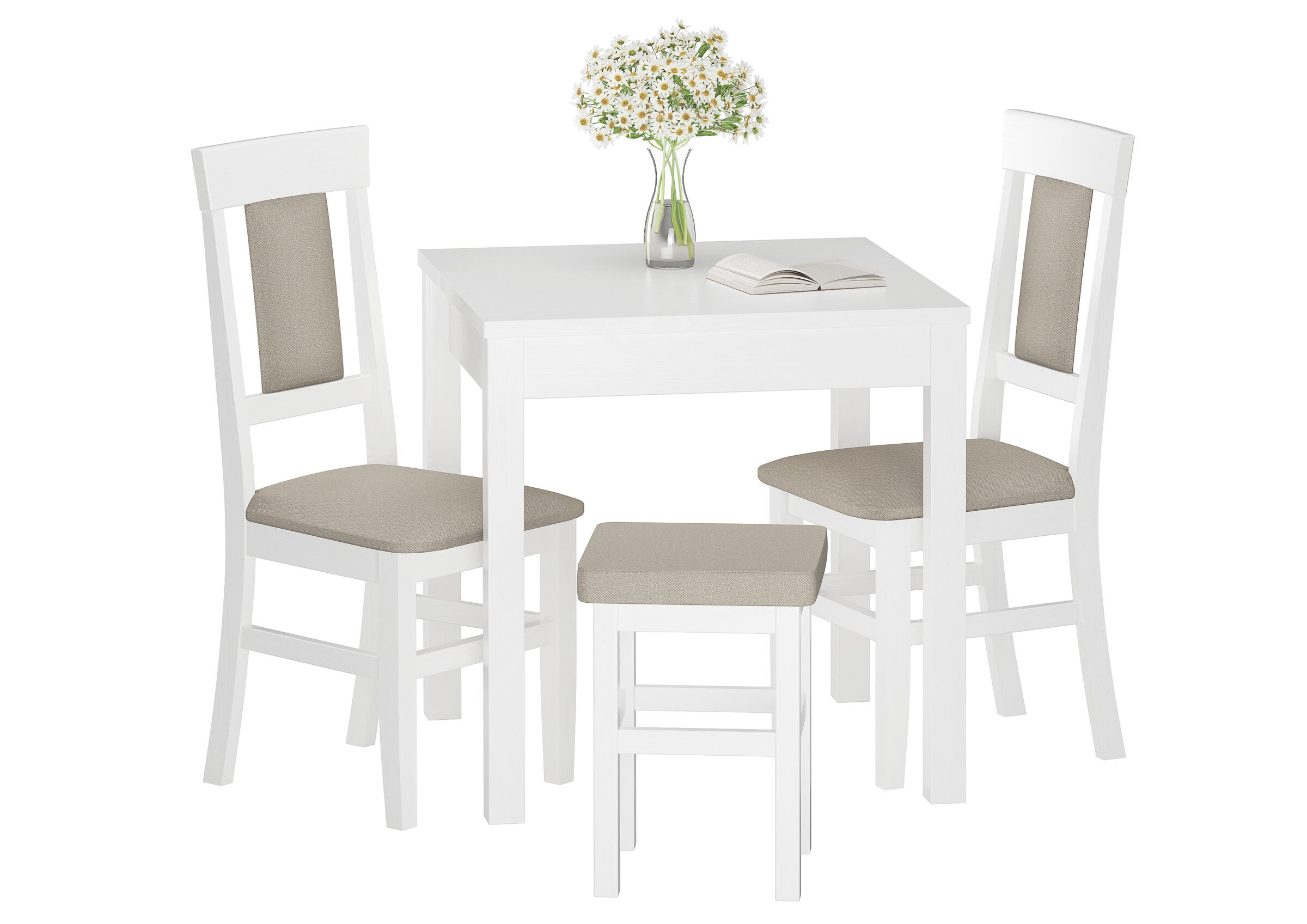 Esstisch-Set, Holztisch, weiße Möbel, Stühle mit Polster, Blumenvasen,
