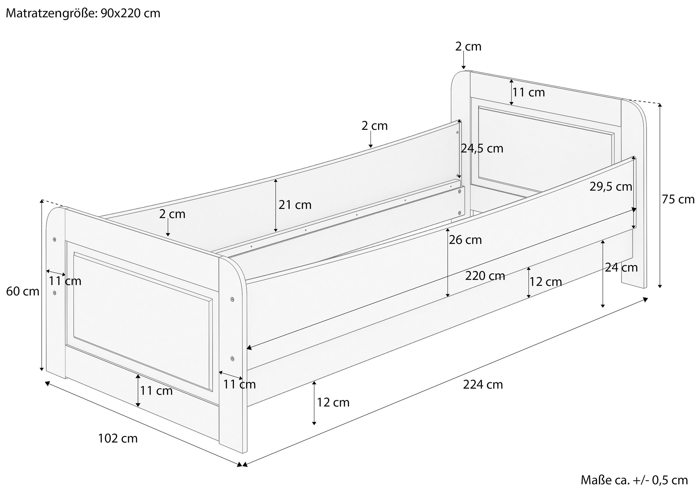 Juniorbett, Kinderbett, Holzbett, 0-6Jahre, 70x140cm?, Maße des Seniorenbettes 90x220