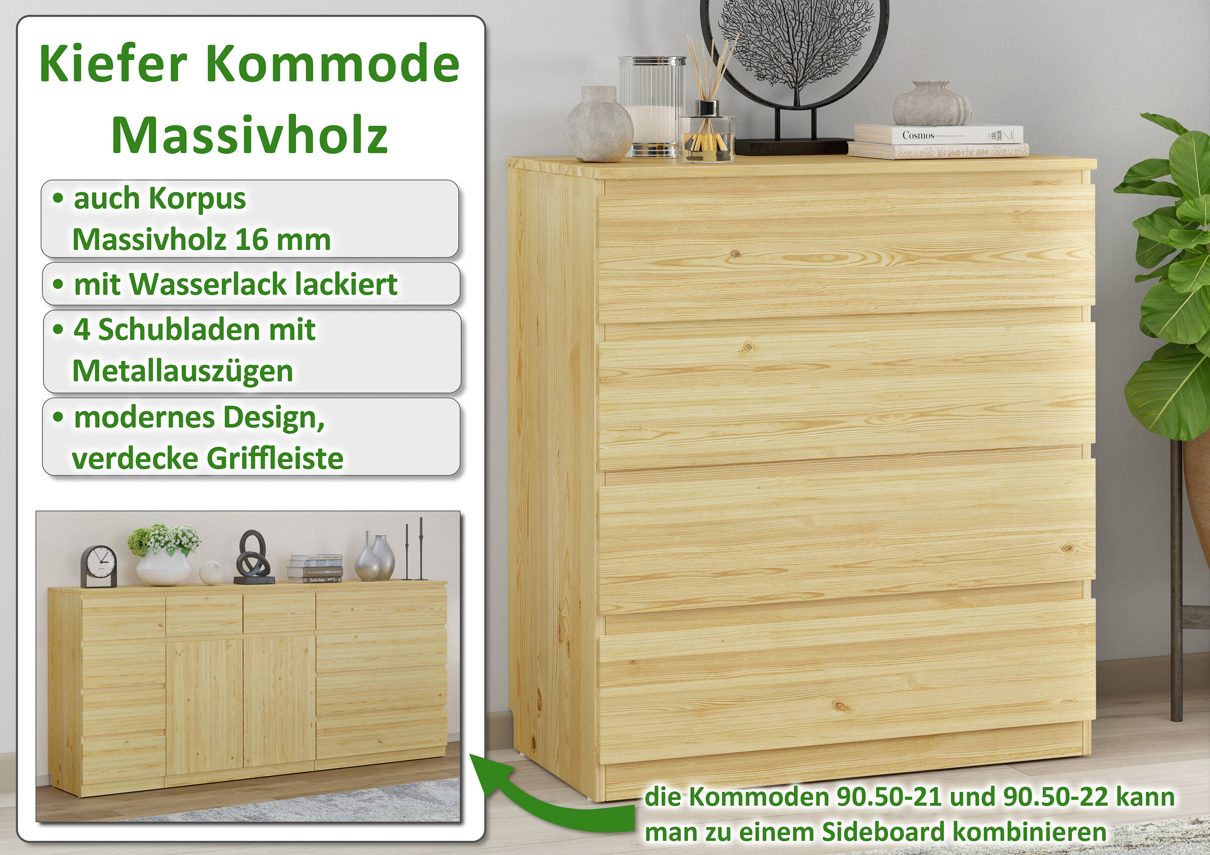 Massivholz, Kiefer, Kommode, Holzoberfläche, Schubladen, Highlights des Sideboards