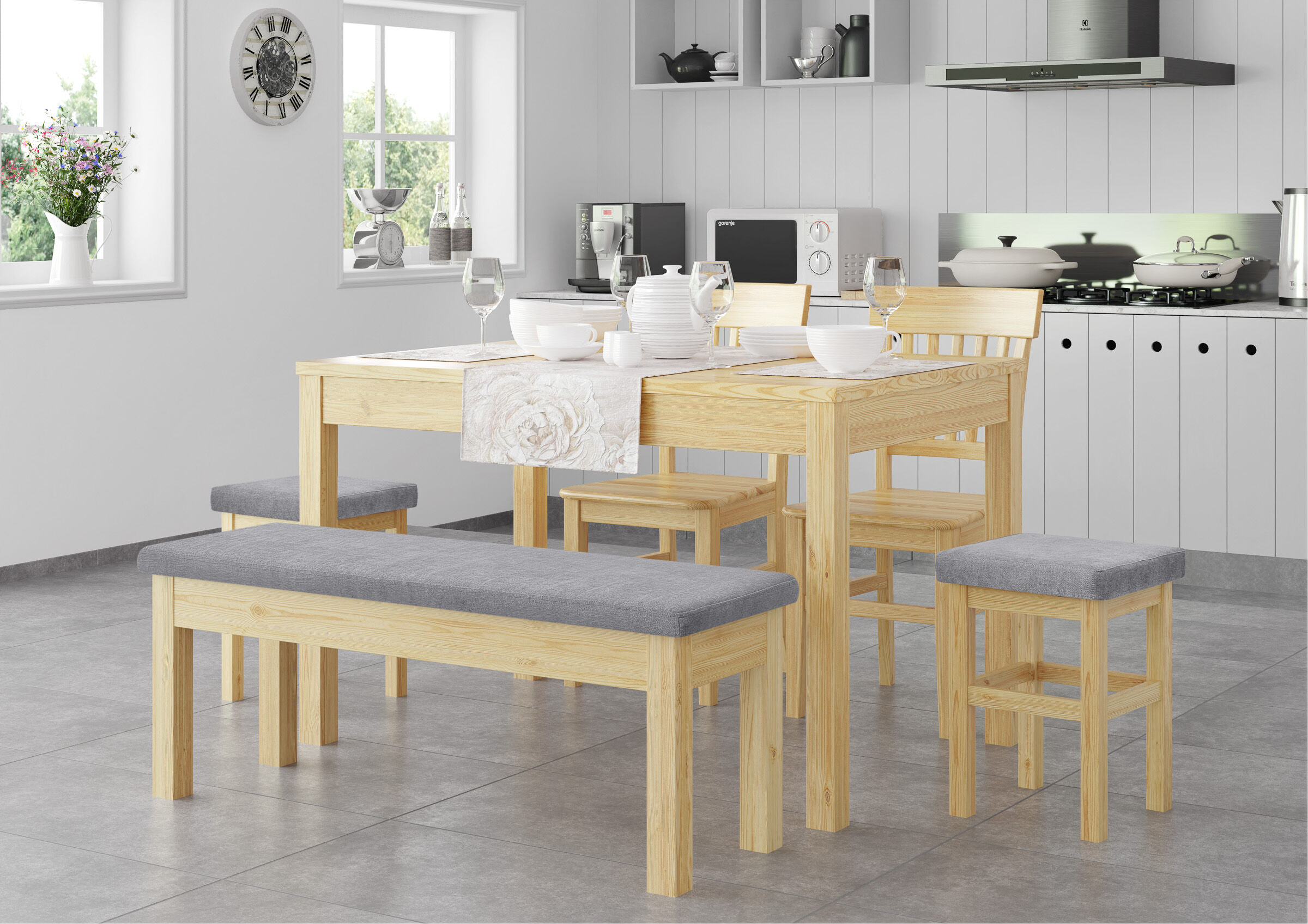 Esstischset, Holztisch, Tisch mit Bank, Küchentisch, Stuhlbänke, stabiler Holzhocker Kiefer