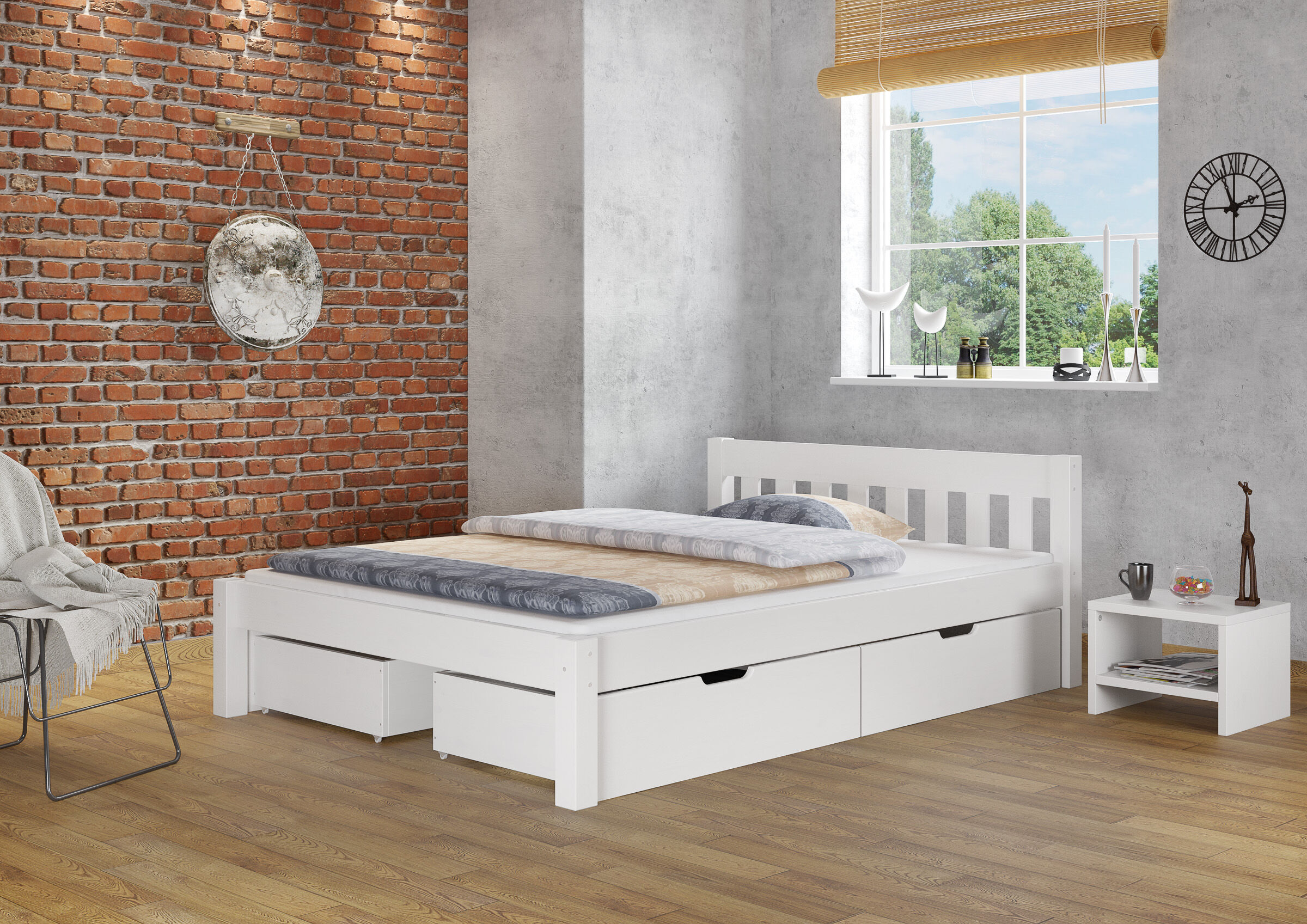 bett, boxspringbett, weiß, Holzboden, schirm, Doppelbett weiß mit Schubläden