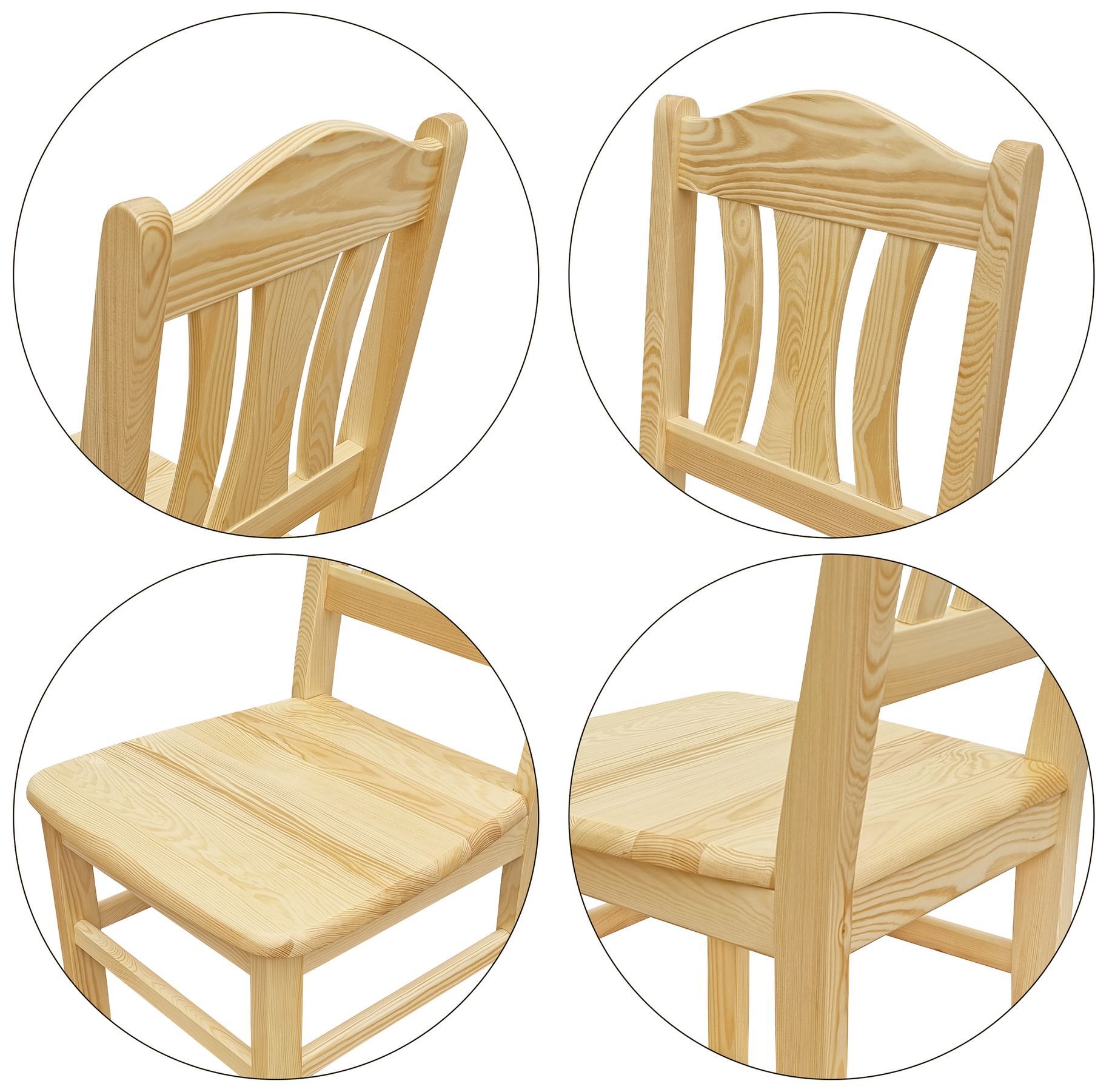 Holzstuhl, Eichenholz, Gitterrücken, natürliches Finish, Esszimmerstuhl, Sitzlehne, Sitzplatz und Beinde des Stuhls im Detail