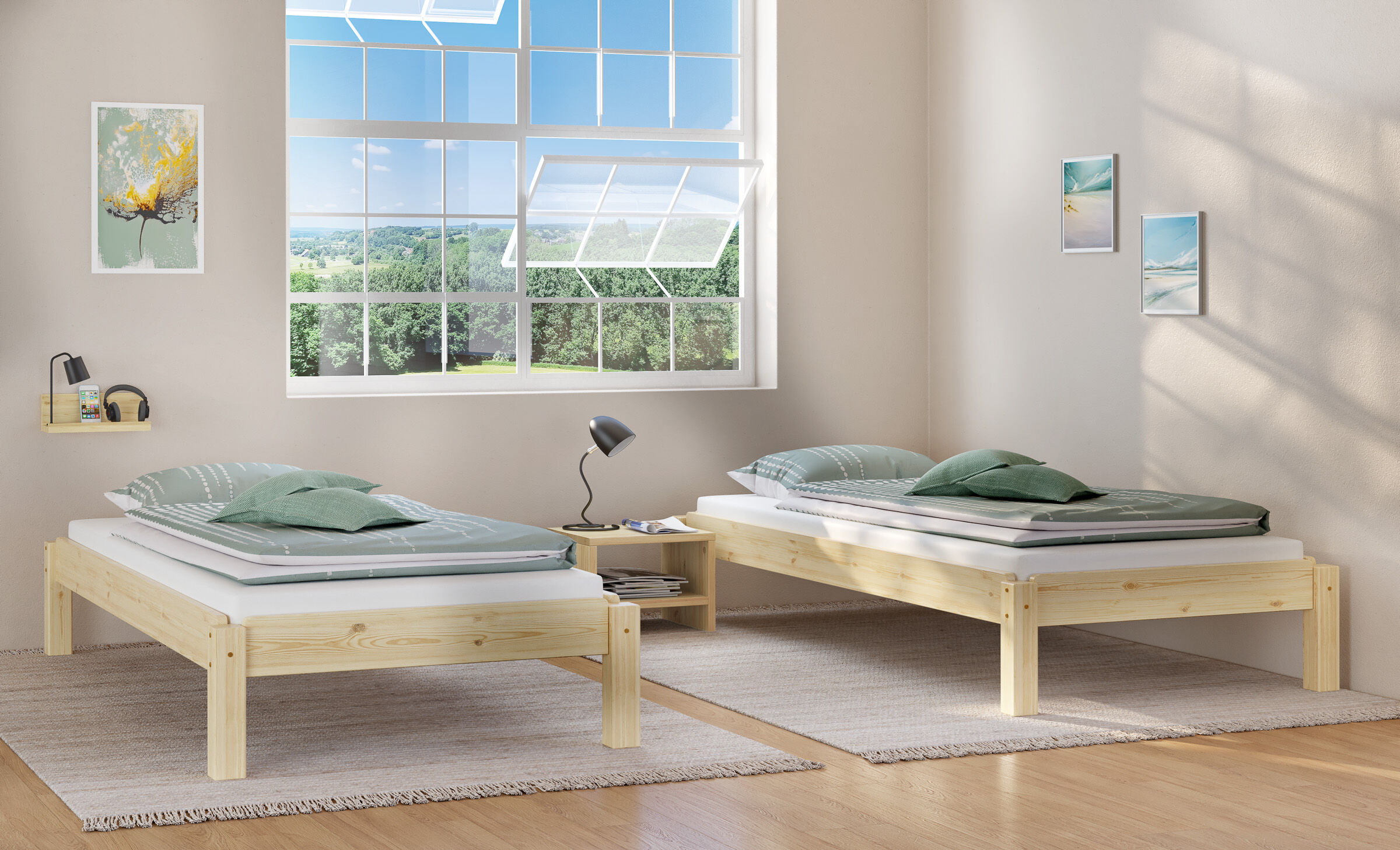 zwei-betten, holzrahmen, grüne-bettwäsche, fensteraussicht, nachttisch, Echtholzbetten 90x200 im Kinderzimmer