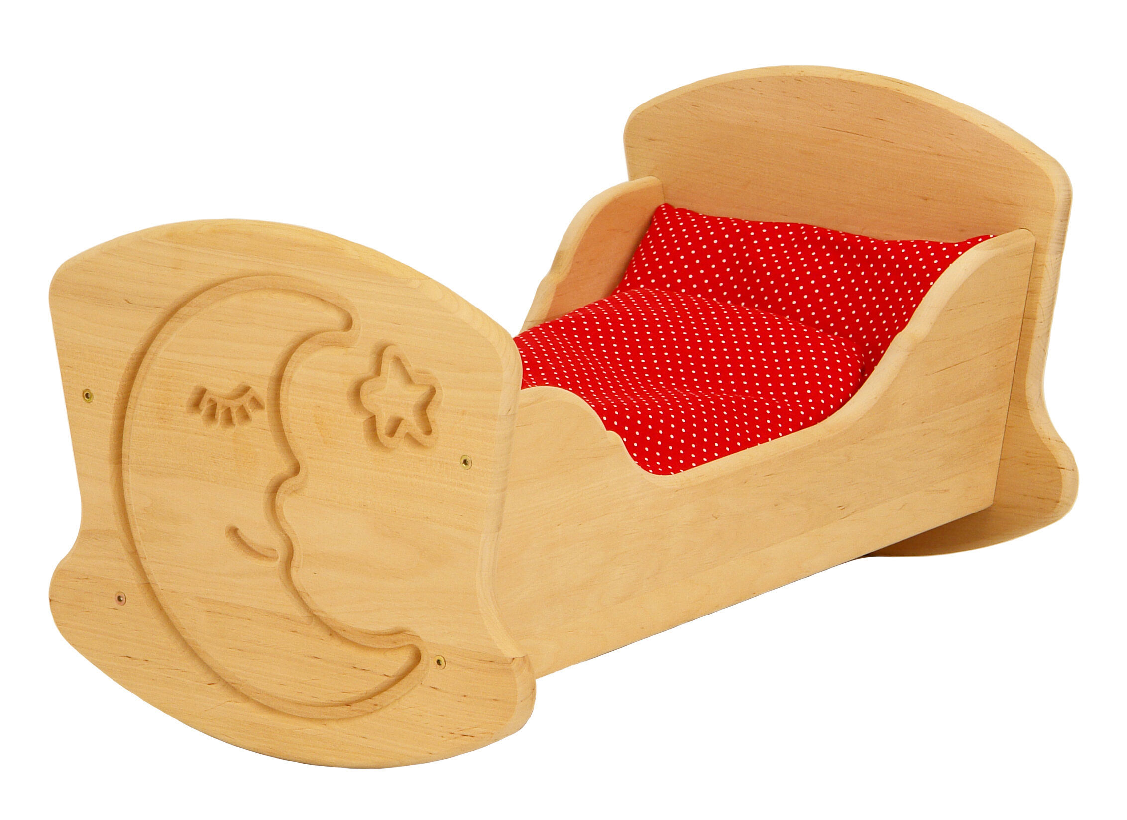 Holz Bett, Kinderbett, Rotes Polka-Dot Innenkissen, Holzwerk, Kinderzimmer Dekoration, Puppenwiege mit Bettzeug rot