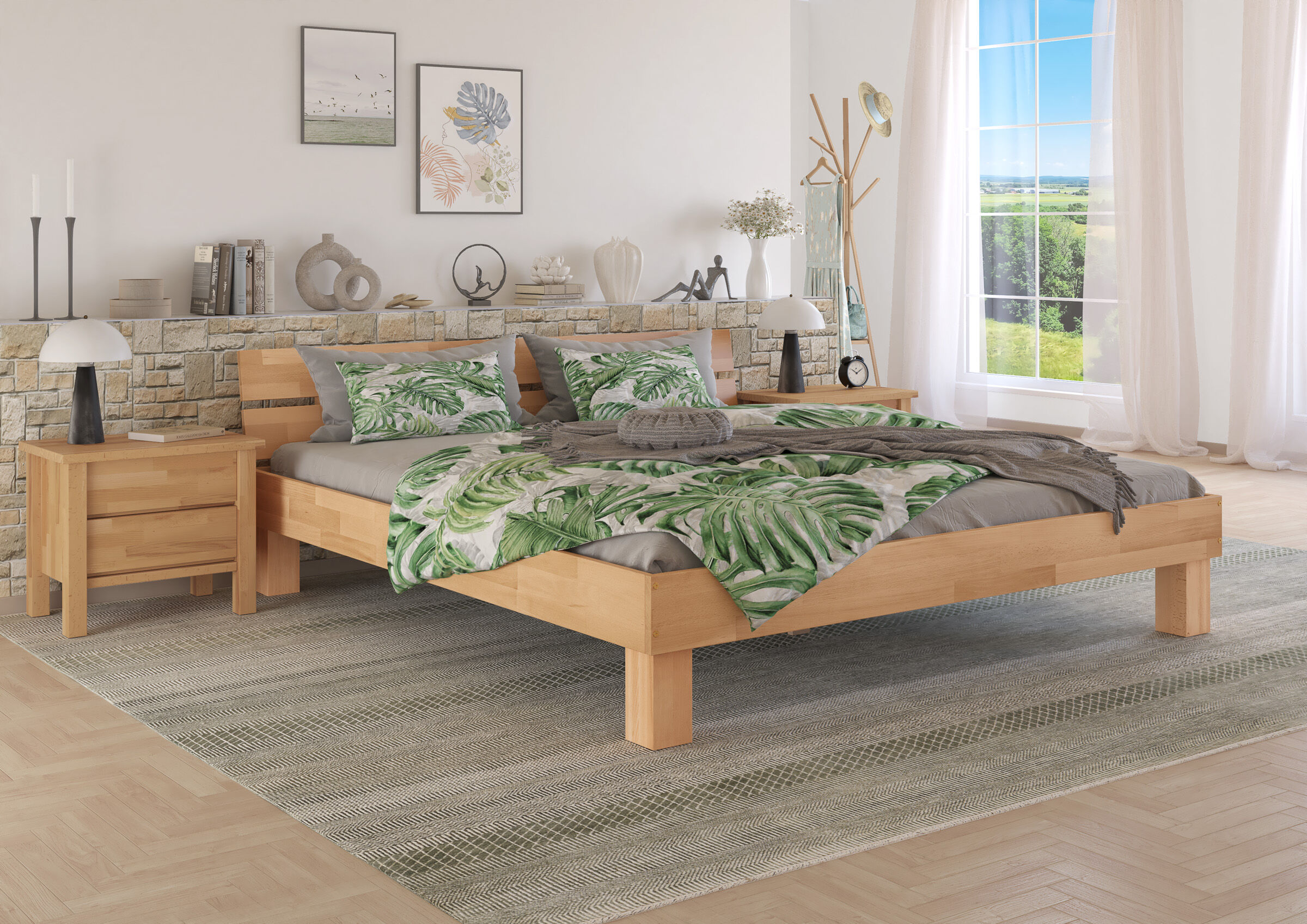 bett, holzbettrahmen, king-size-bett, grüne-blätter-bettwäsche, pufferkissen, Zimmerbild des Massivholzbettes 200x200