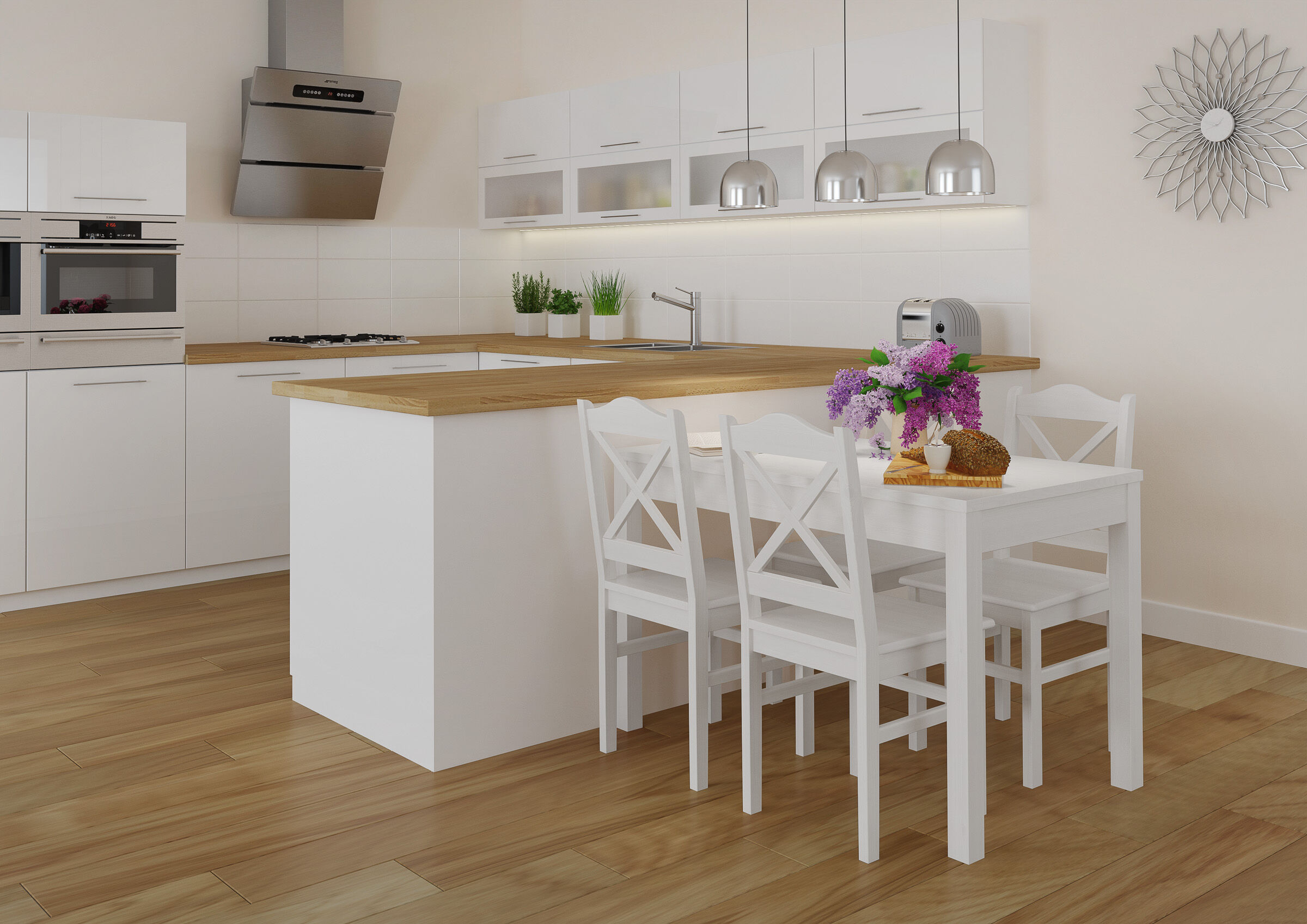 küche, kücheninsel, holzboden, essbereich, beleuchtung, Tisch weiß 75x120
