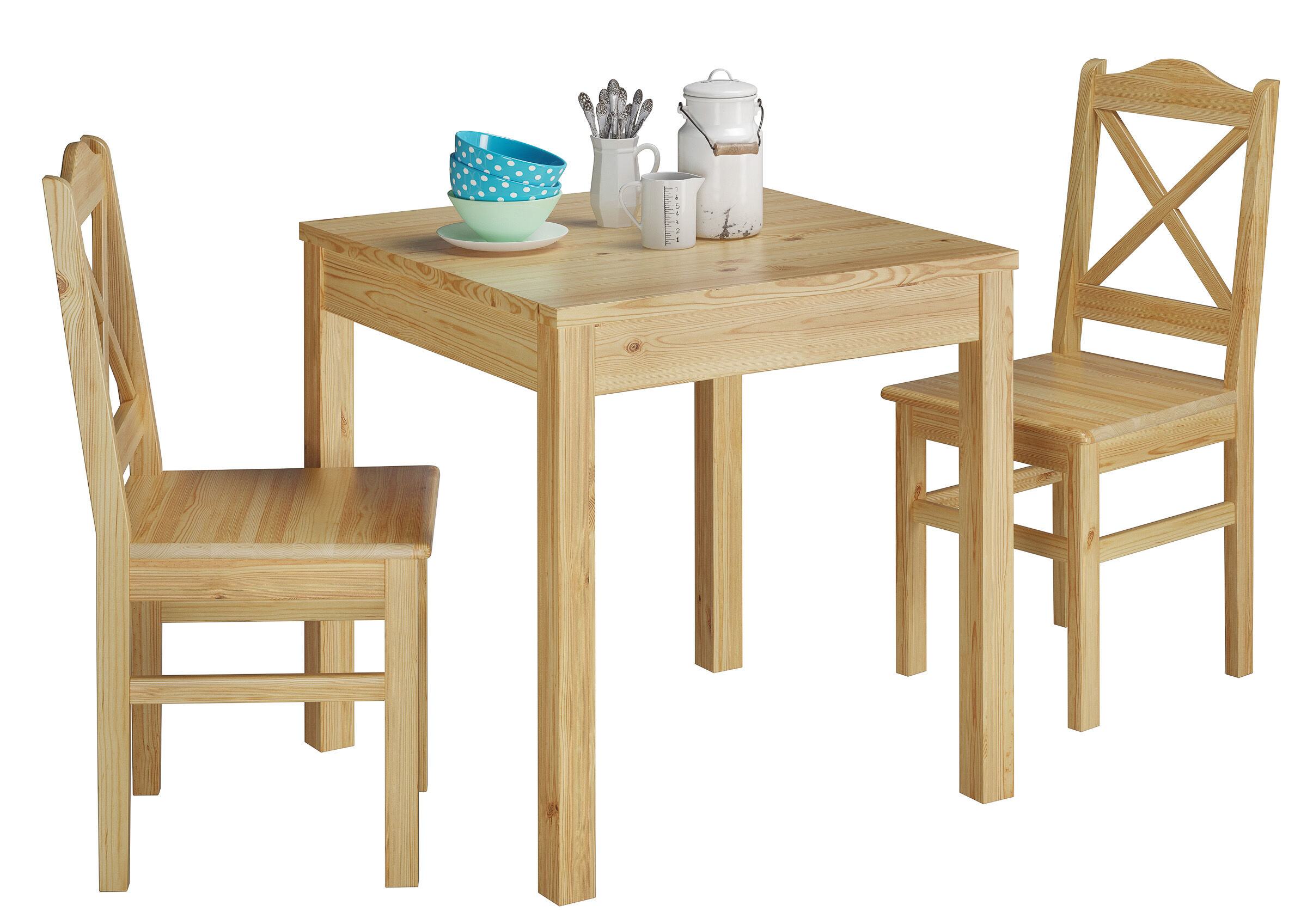 Holz Tisch, Esstisch, Kiefernholz, klare Oberfläche, 4‑Stuhl‑Set, 2 Stühle mit 1 Tisch