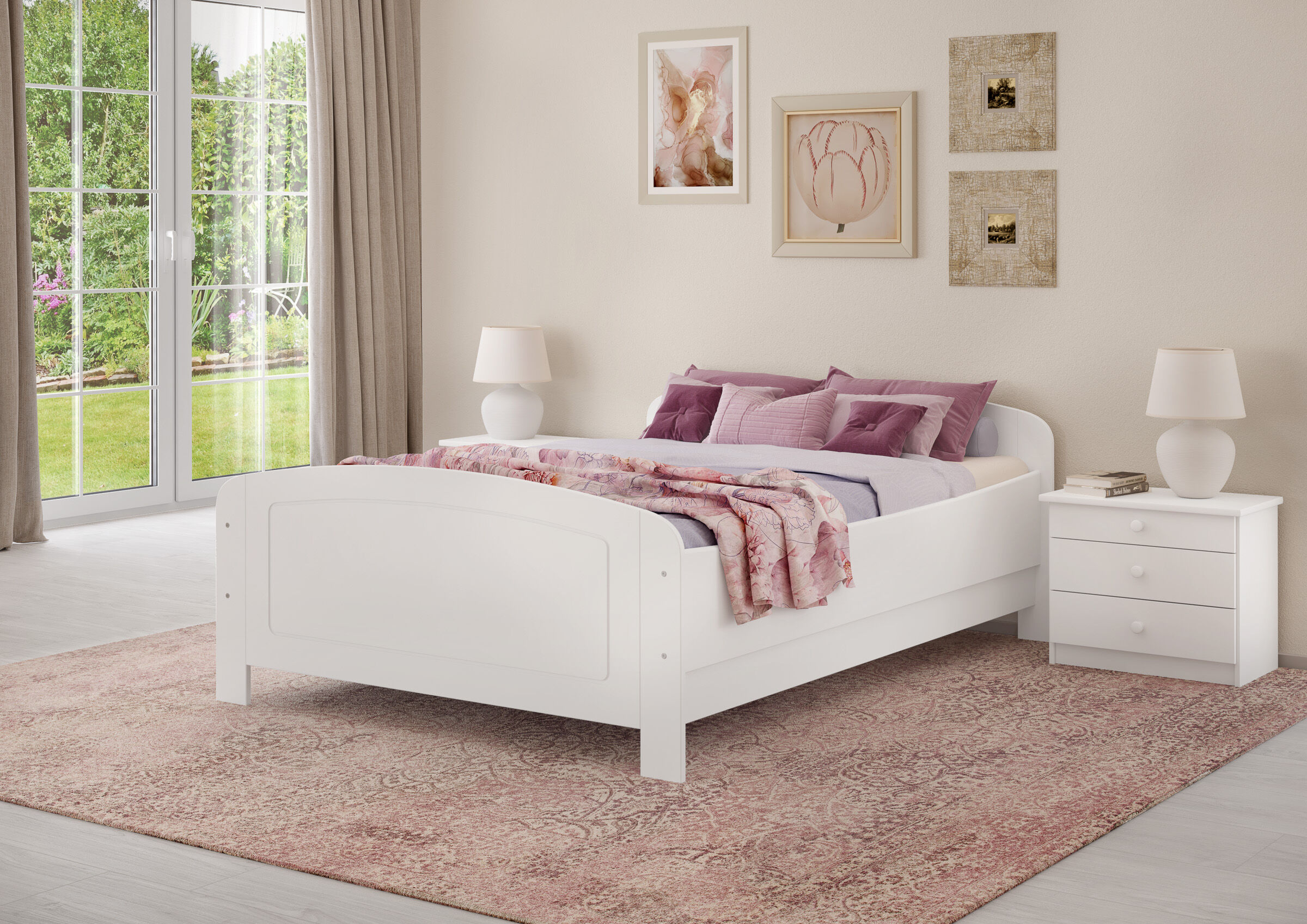 Dekoration für Zuhause, Teppich, Innenarchitektur, Bett, Mobiliar, Weißes Ehebett 160x200 im Schlafzimmer