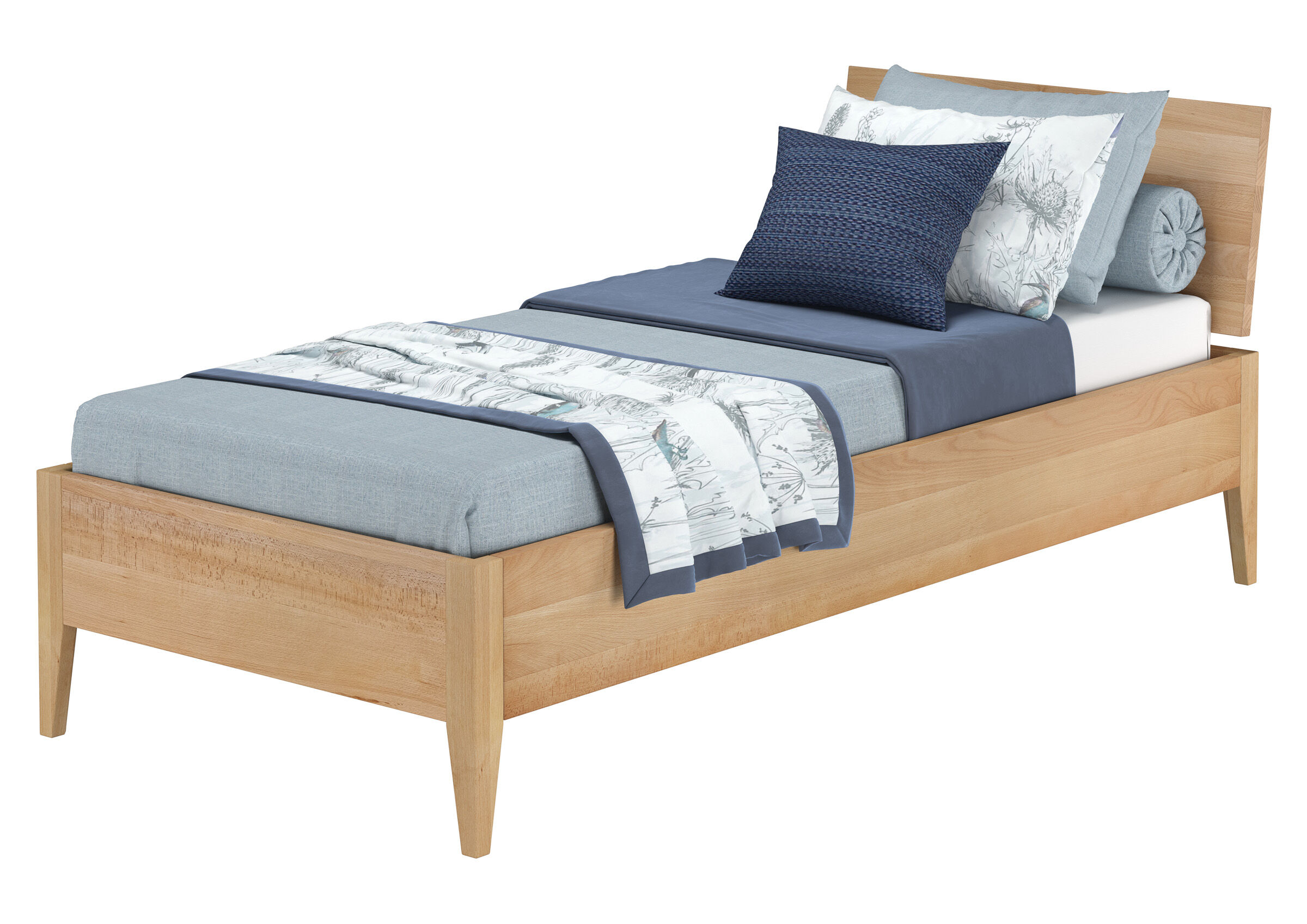 bett, holzbett, kissen, deckenbedeckung, bettwäsche, Holzbett geölt 90x200 metallfrei