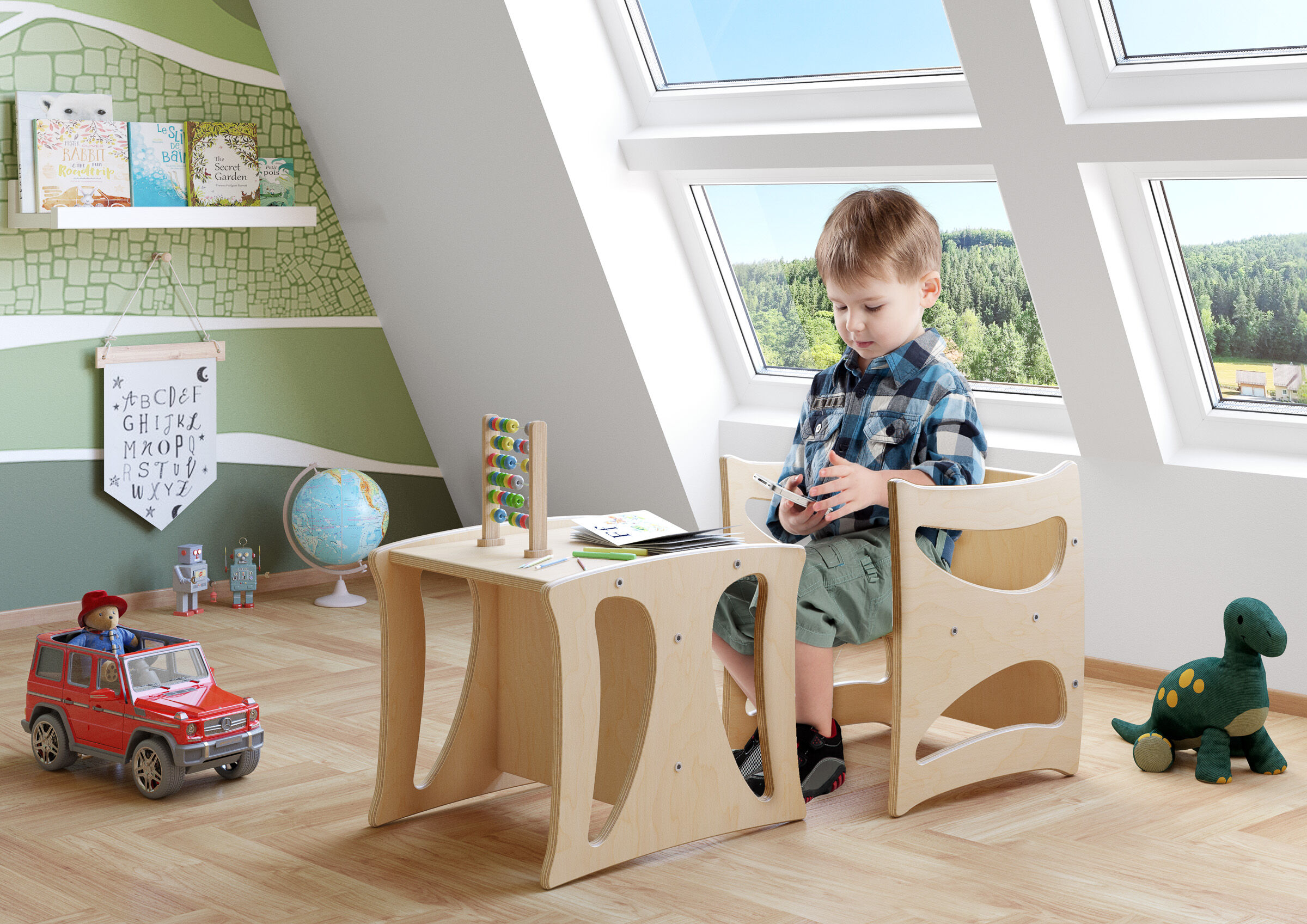 Kinderzimmer, Spielzeug, Kinderstuhl, Holzstuhl, Kinderwerkbank, Kindertisch mit Hocker