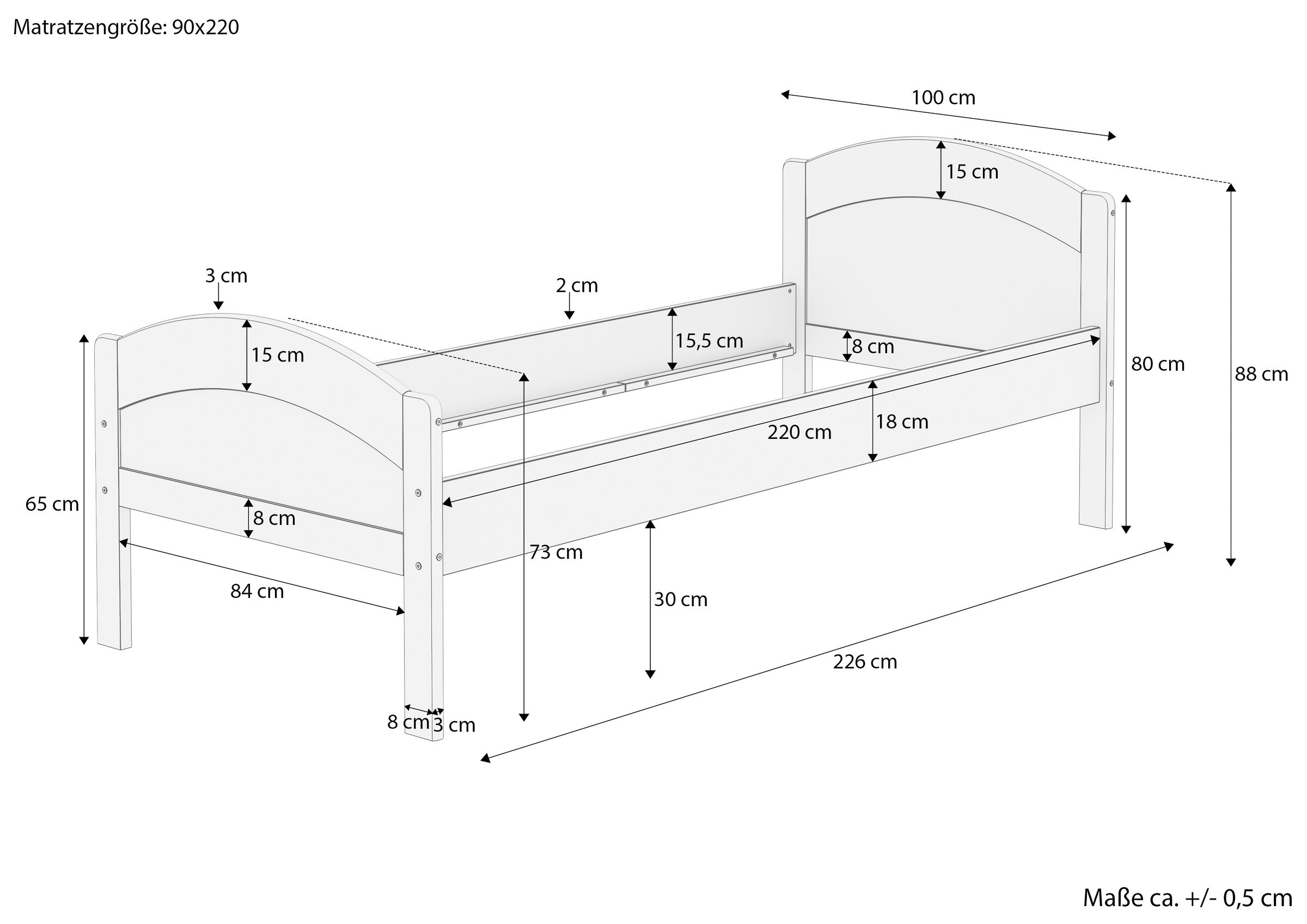 Einzelbett, Juniorbett, Holzbett, Holzlatten, Matratzengröße 90x200, Maße des überlangen Einzelbettes 90x220