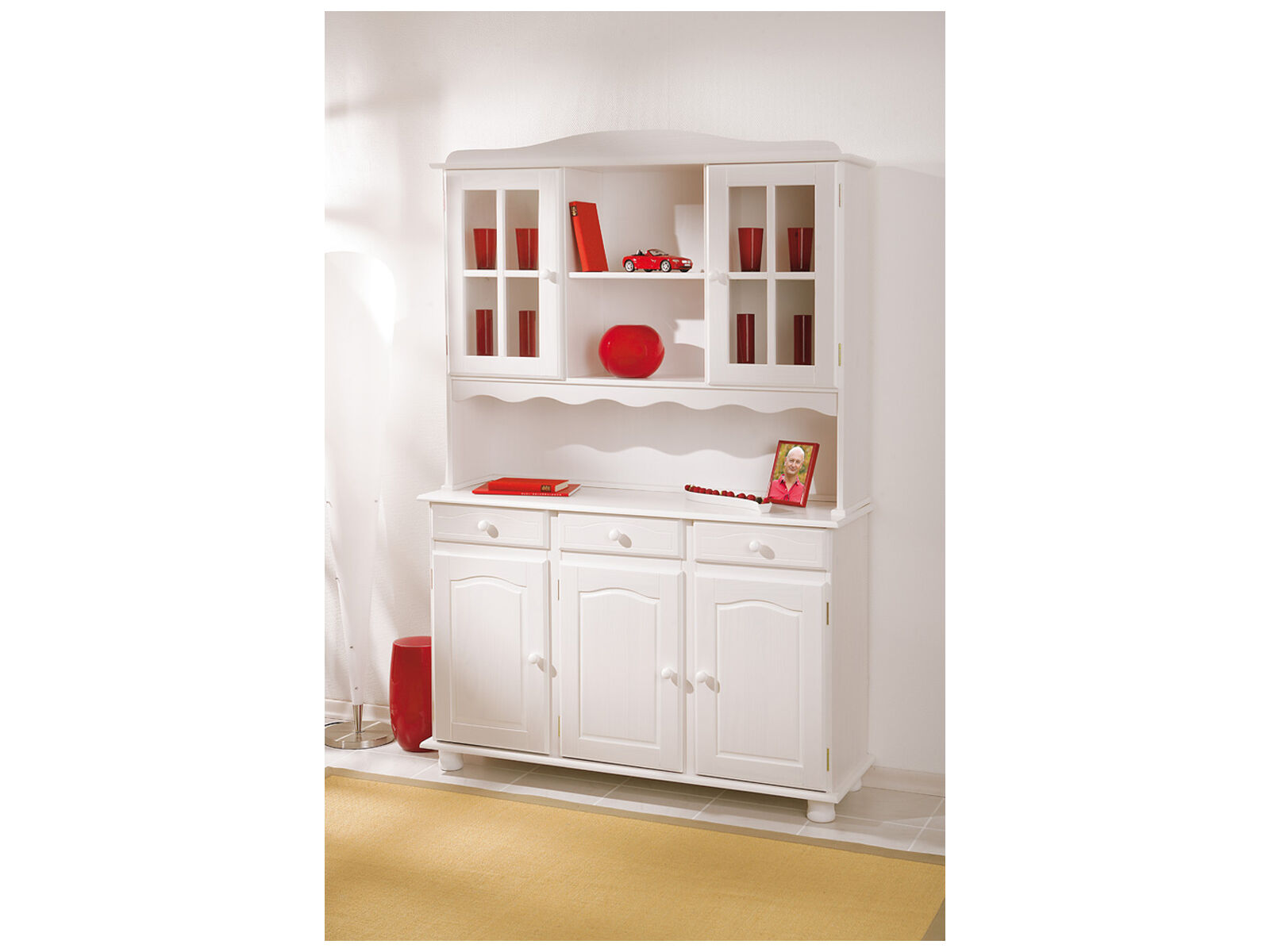 sideboard, hutch, weißes regal, glas-front, rote akzente, Bauernschrank weiß