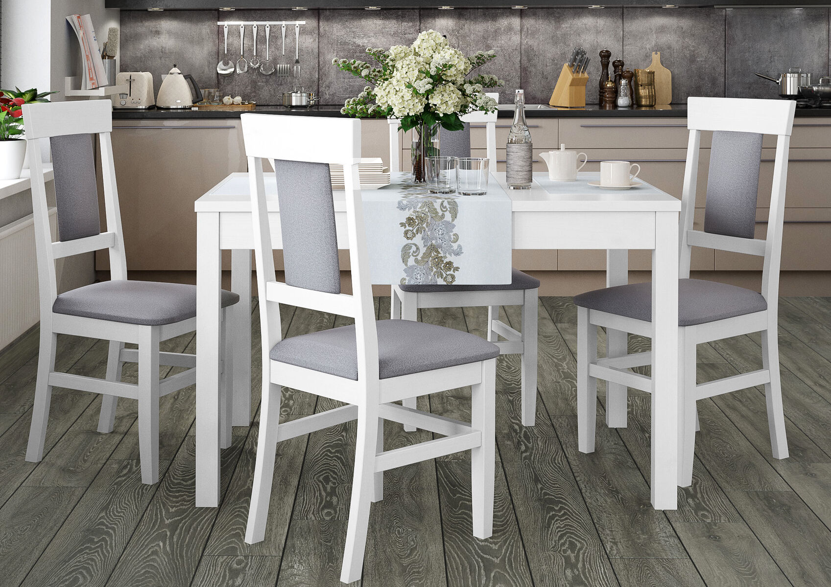 Esszimmer, Esstisch, Mobiliar, Tabelle, Innenarchitektur, Essgruppe aus massiver Kiefer in Küche, Stuhlmodell 25, waschweiß lackiert, Polsterbezug grau, 75 x 120 cm, Tischbeine Glatt