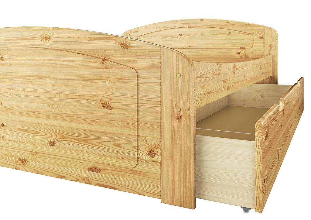 Holzbett, Kopfteil, Nachttischschublade, Holzlatten, Eichefarbene Oberfläche, Bettkasten Ehebett Kiefer natur